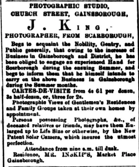 Advert from a newspaper for J. King photographer from Gainsborough and Scarborough