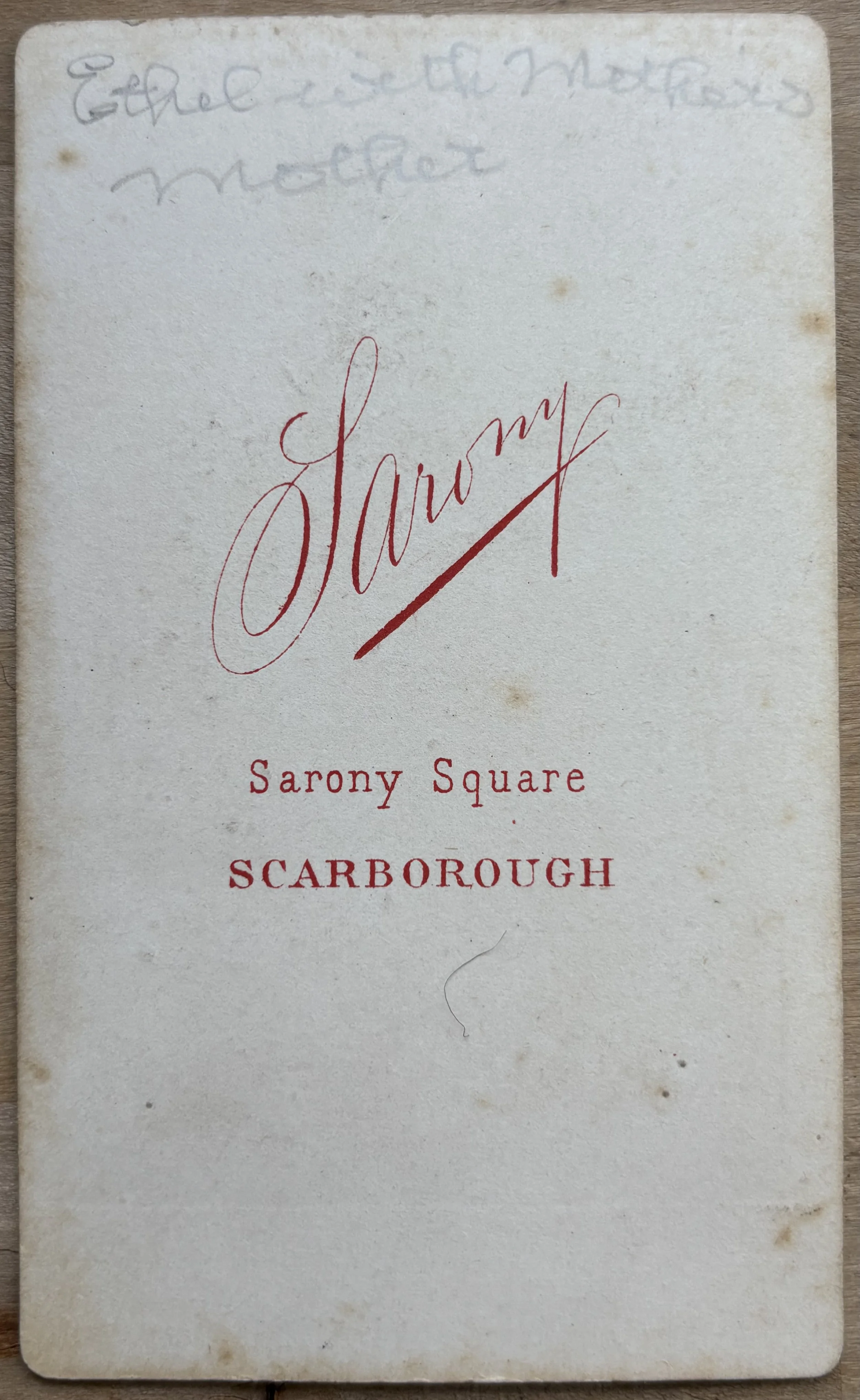 Back of Carte de Viste, inscribed Ethel with mothers mother, by Oliver Sarony Scarborough Photographer