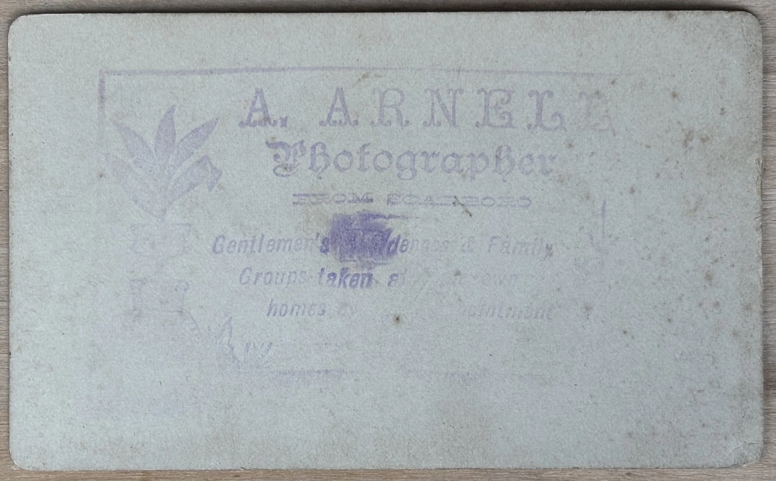 Back of card de visite portrait taken by Scarborough photographer Alfred Arnell, from Scarboro
