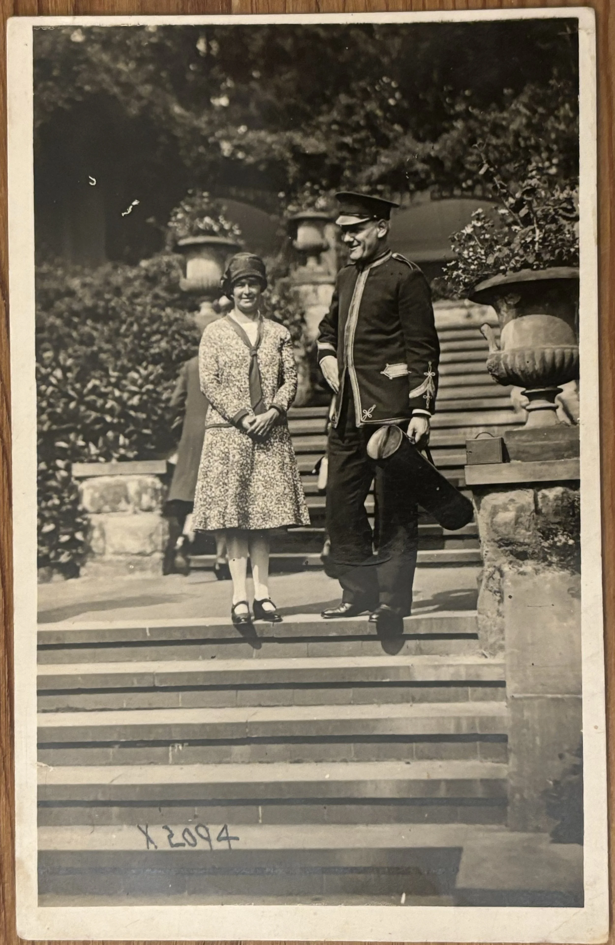 A bandsman and a woman on the Spa steps, Scarborough by Sun Ray Photo Co.