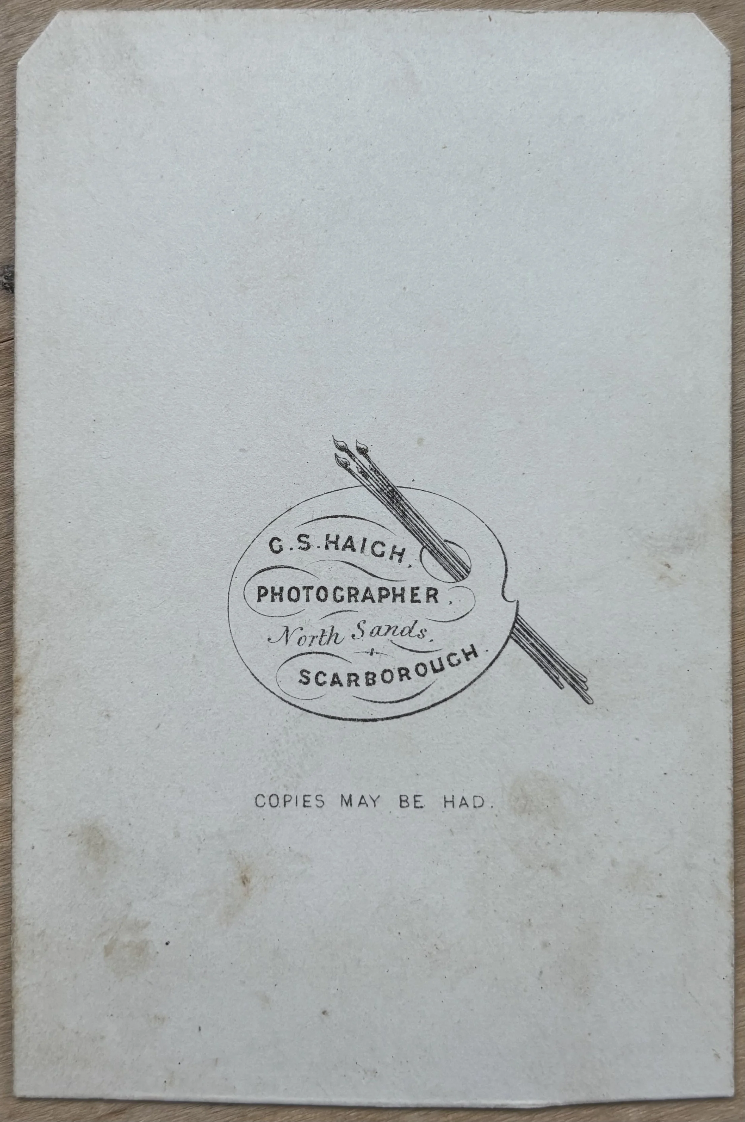 Back of carte de visite by Scarborough photographer , G. S. Haigh