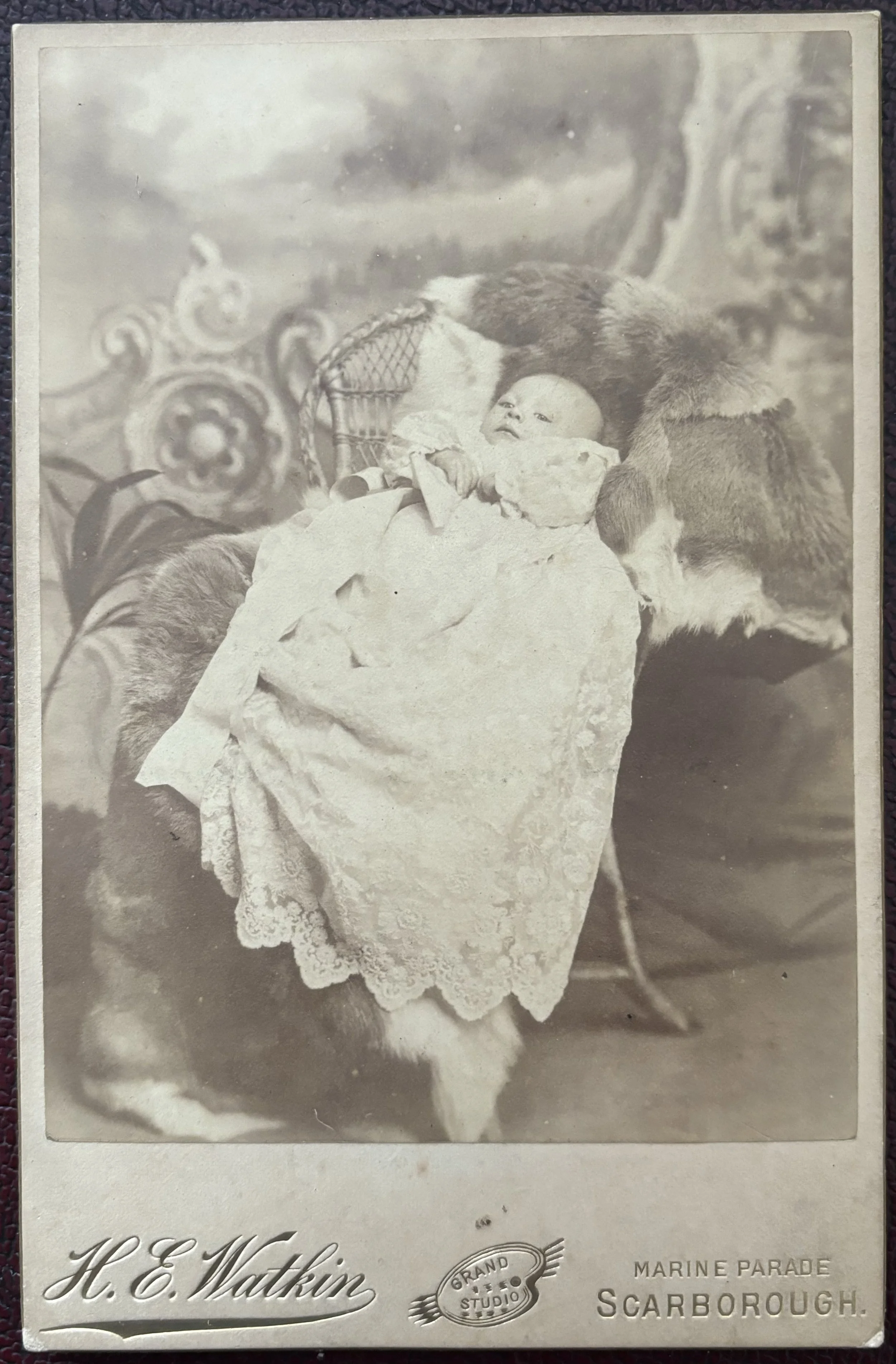 Cabinet card portrait of a baby in a chair by Herbert E. Watkin of Scarborough