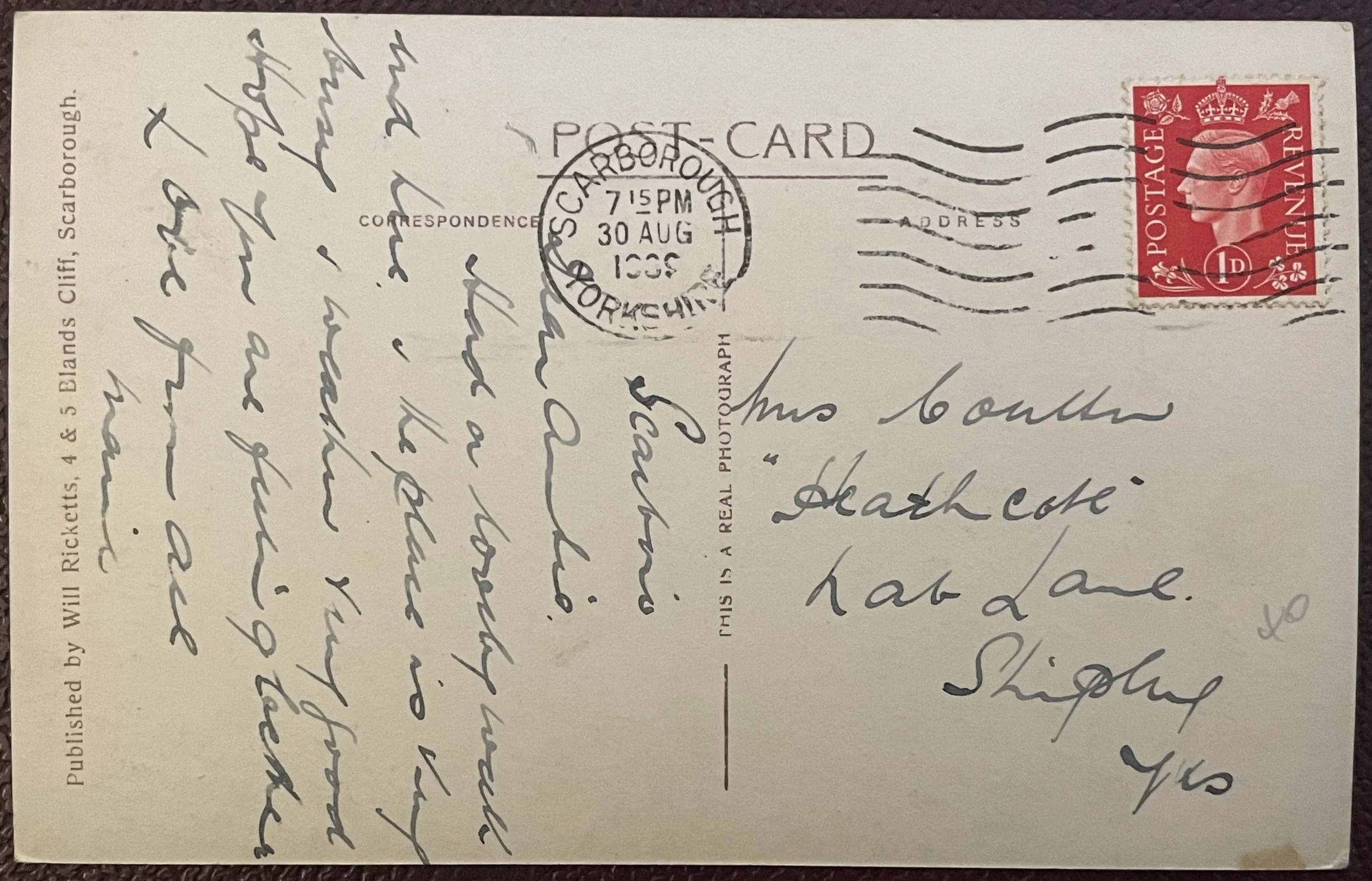 Back of postcard, posted in 1939 by Will Ricketts of Scarborough