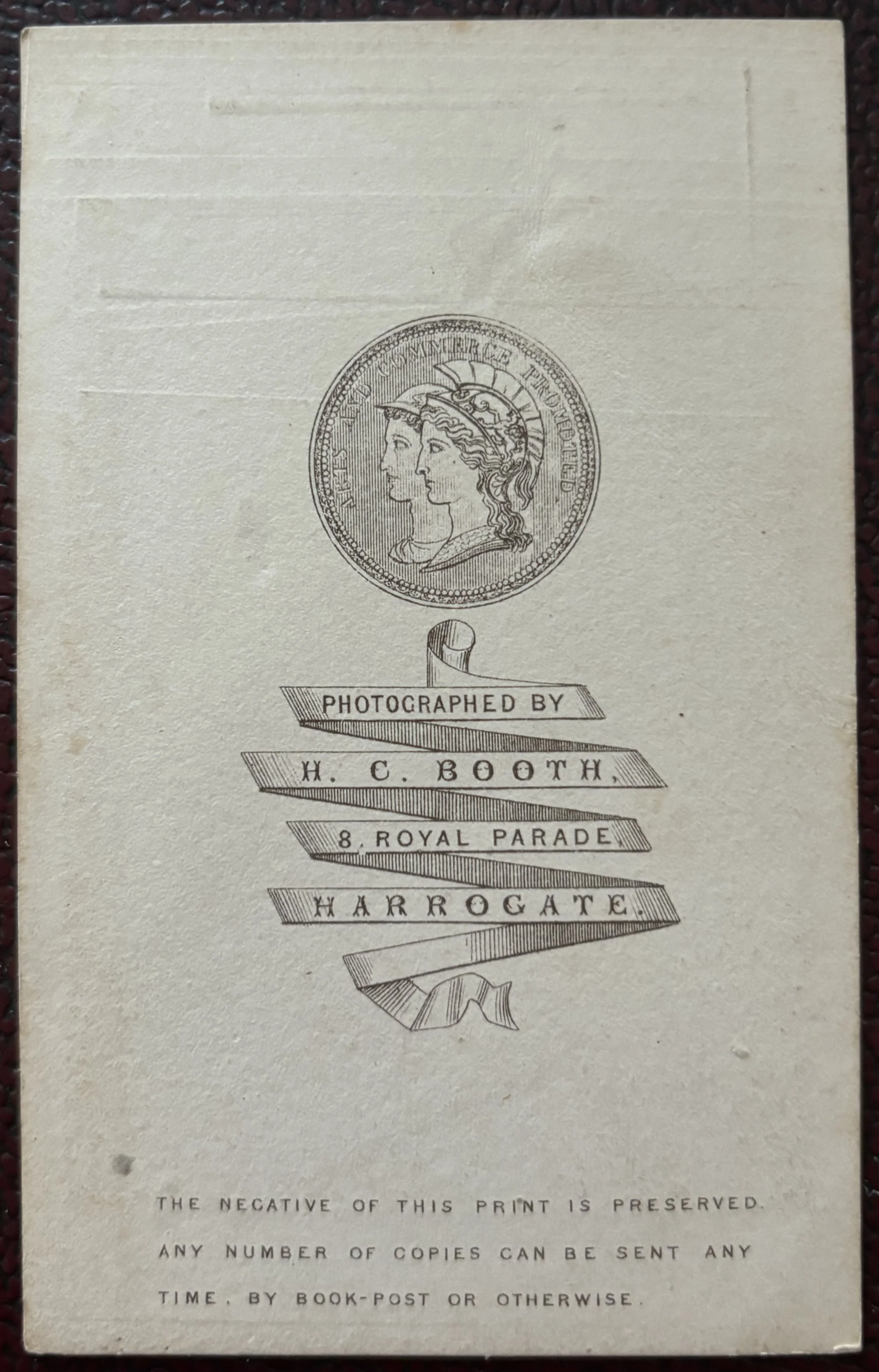 Back of a carte de visite portrait by Hiram Crompton Booth of Harrogate