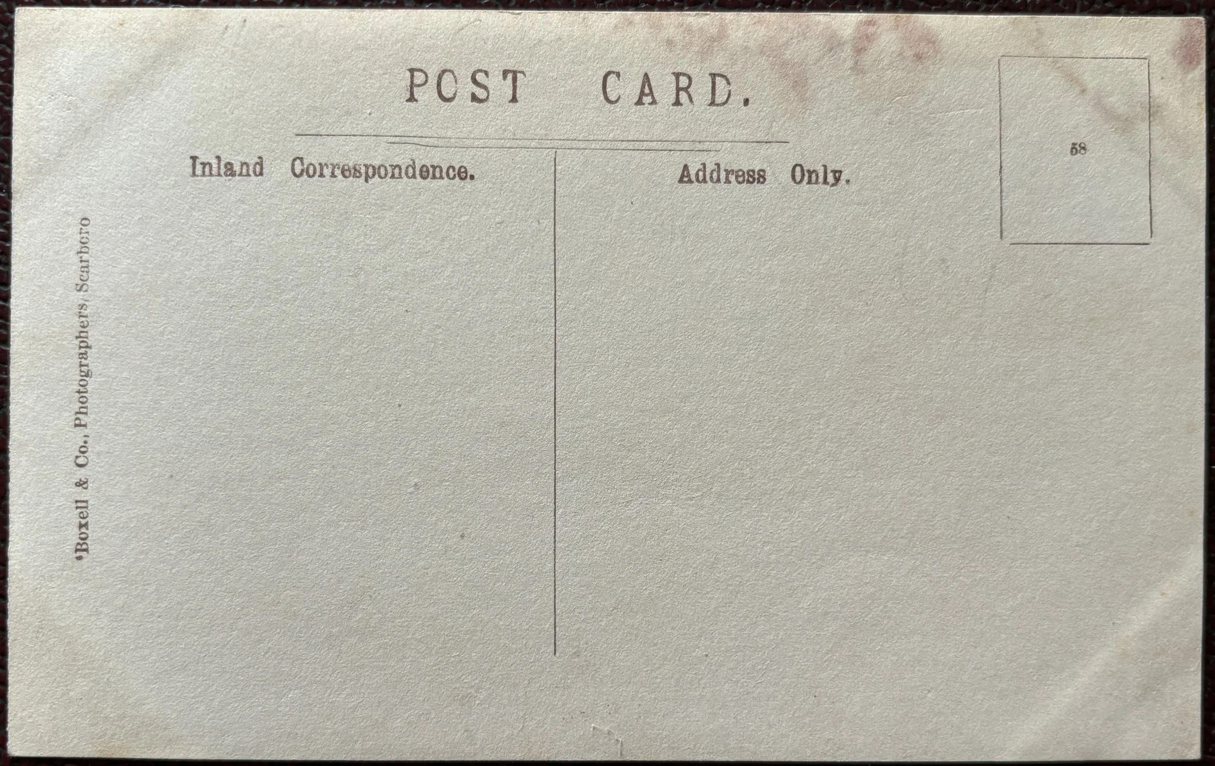 Back of a postcard by photographer Boxell and Co, Scarborough