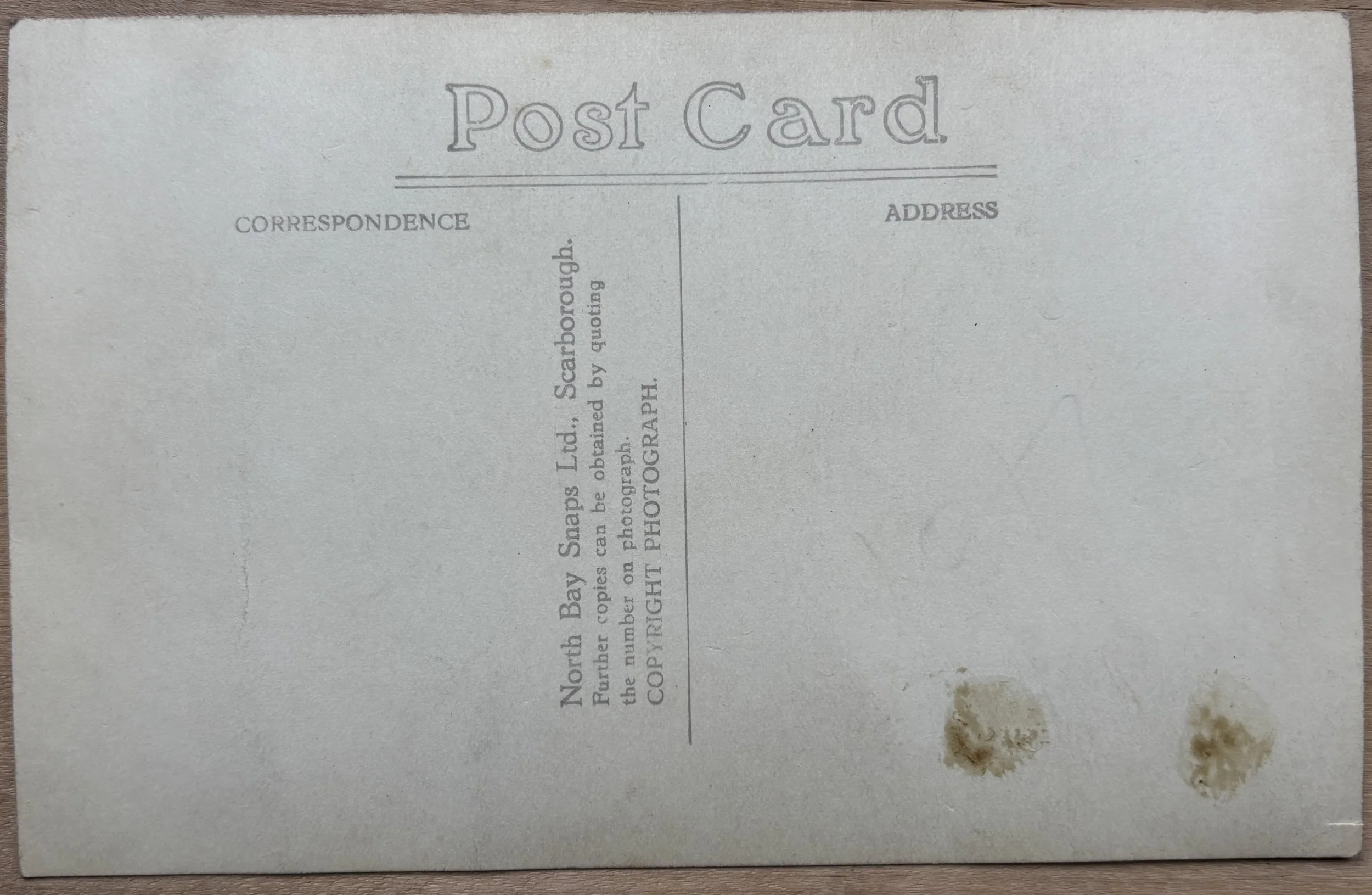Back  of North Bay Snaps postcard portrait, Scarborough Photographer