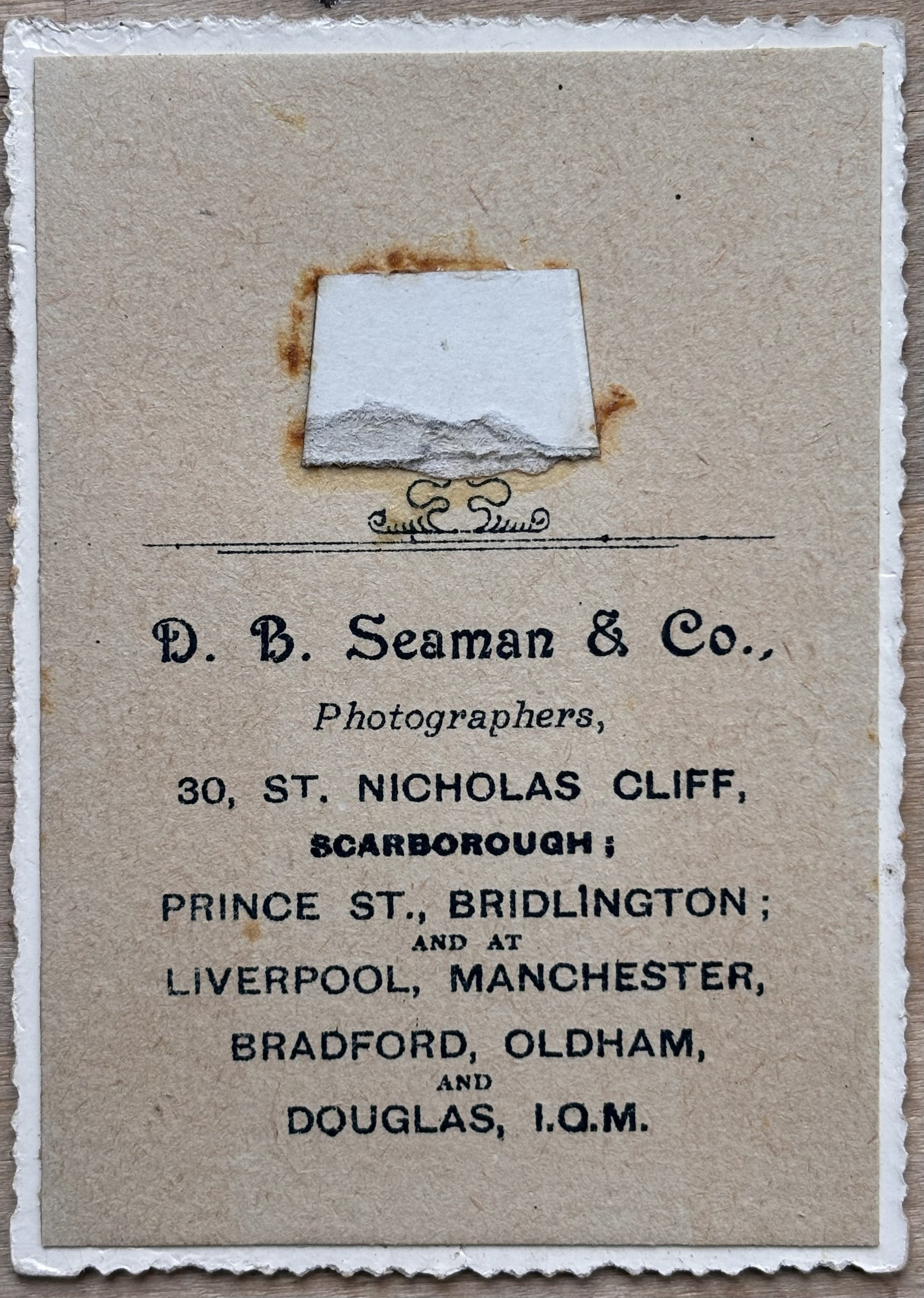 Back of mounted portrait by Dennis Benjamin Seaman and co, Scarborough, Bridlington and elsewhere