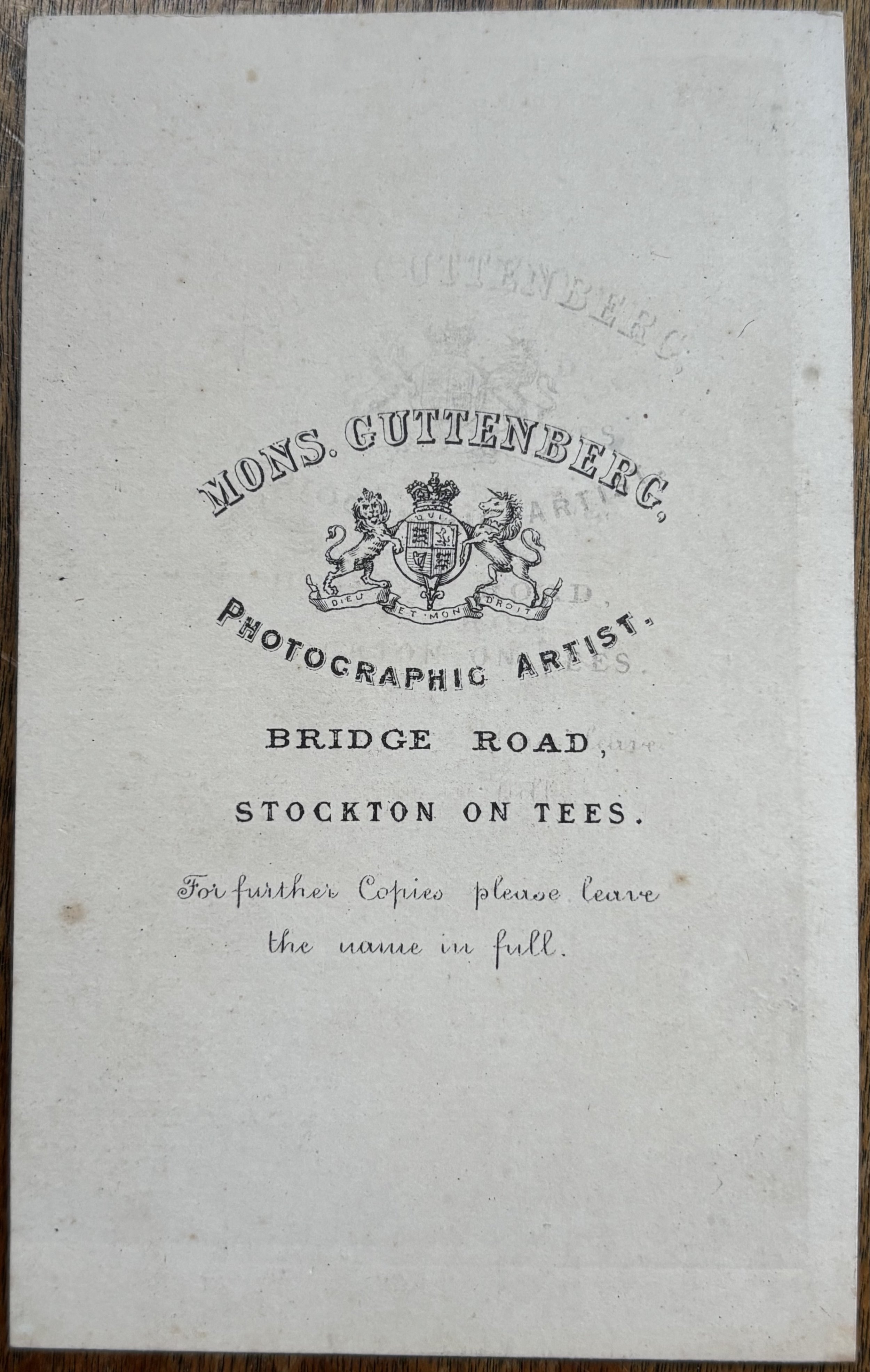 Back of carte de visite portrait by photographer Marcus Guttenberg, Stockton on Tees