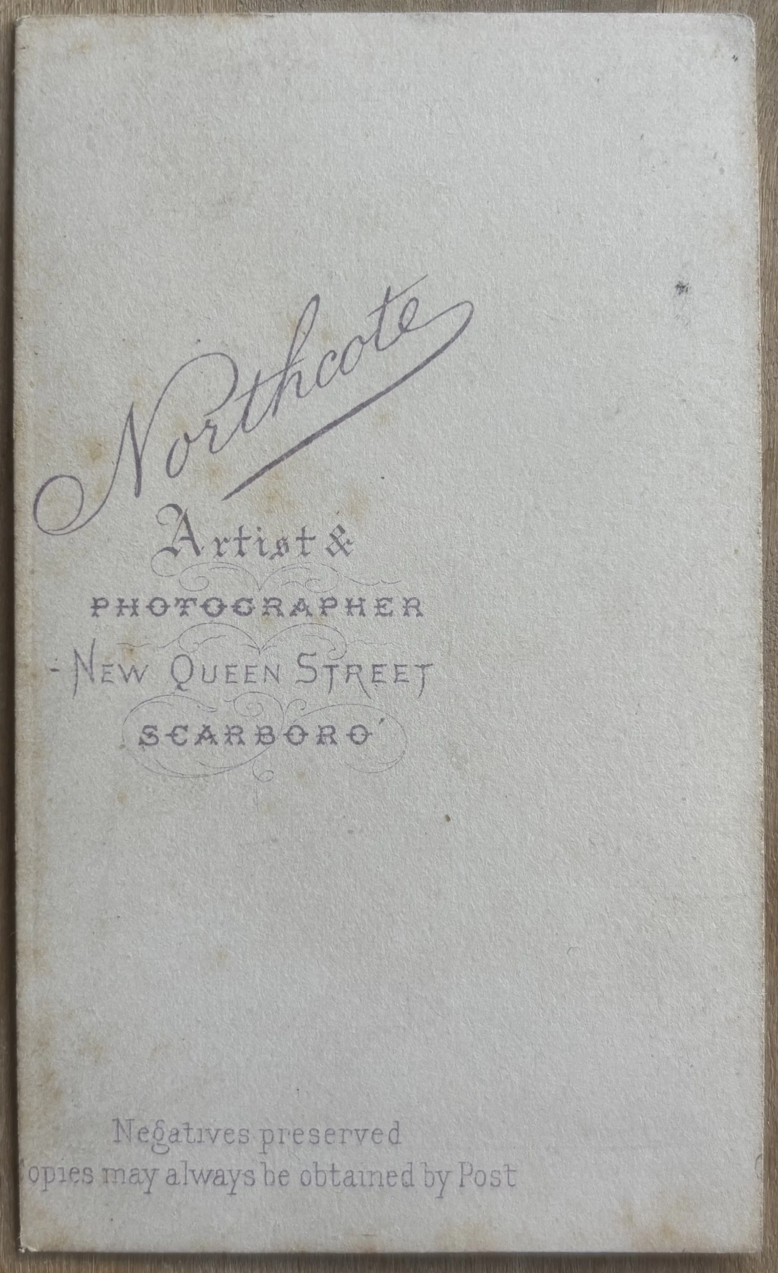 Back of Carte de visite by Scarborough photographer Northcote
