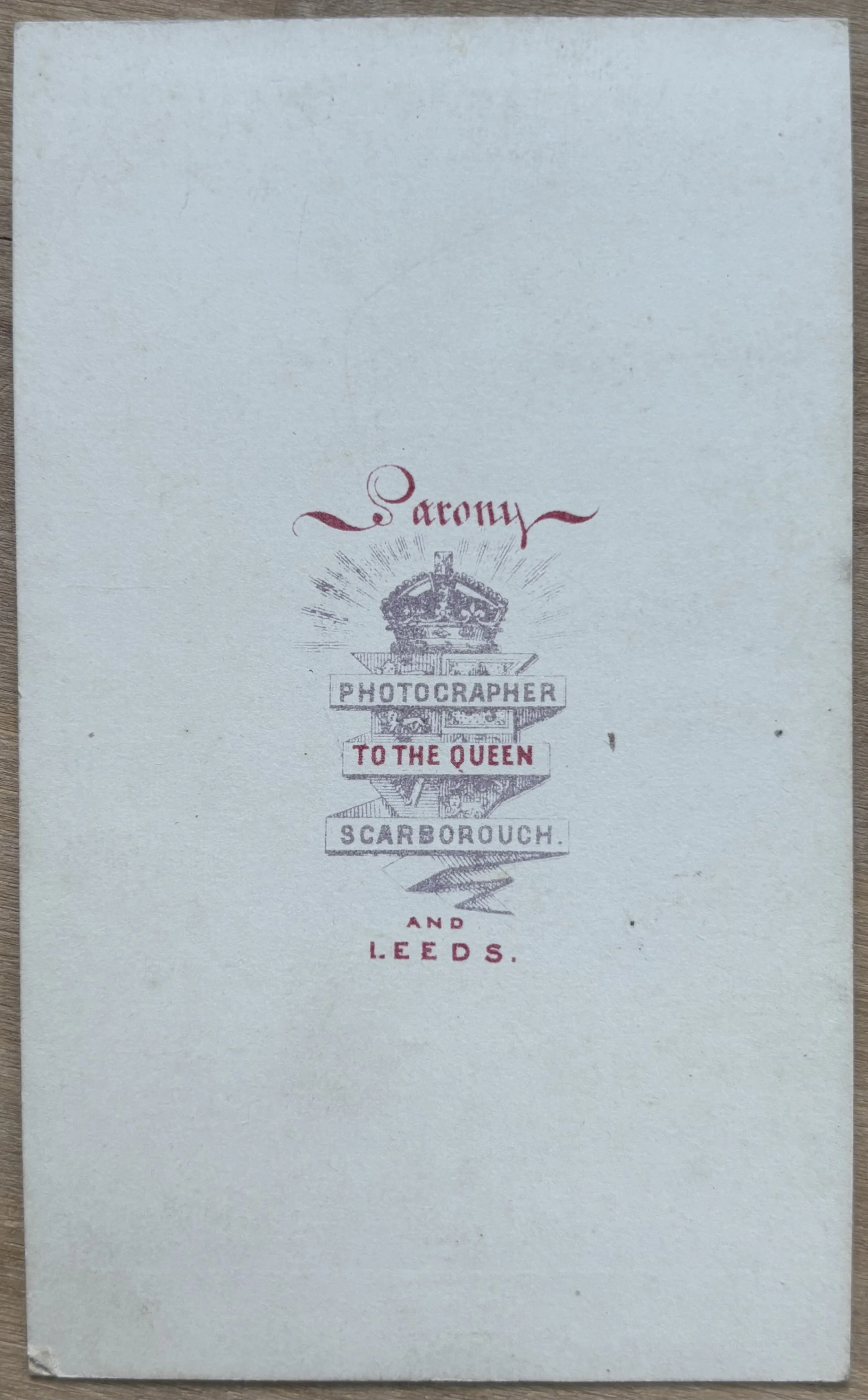 Back of carte de visite by Photographer Oliver Sarony of Scarborough and Leeds