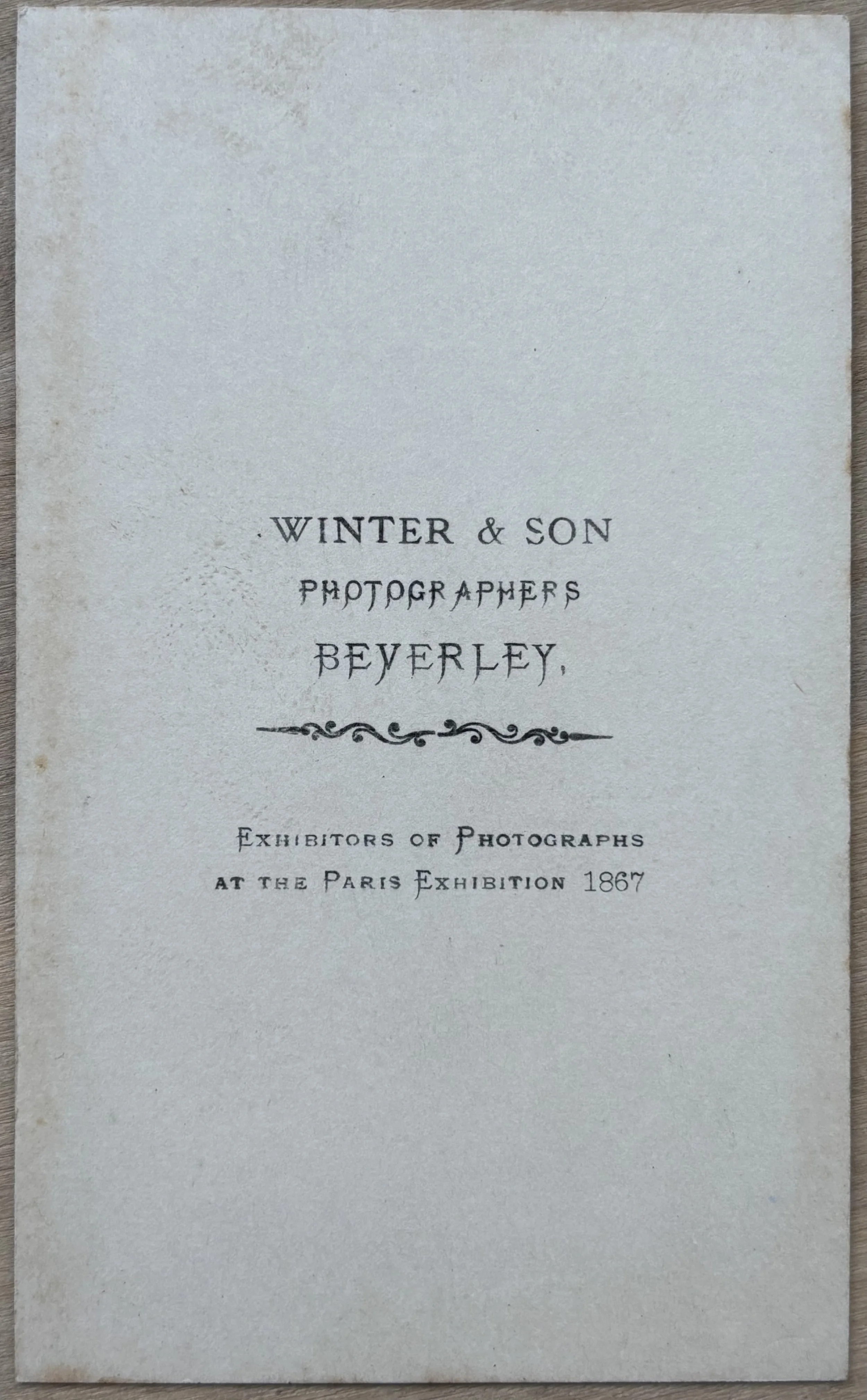 Back of Carte de Visite portrait from Beverley photographer, Joseph Smithson Winter and Son