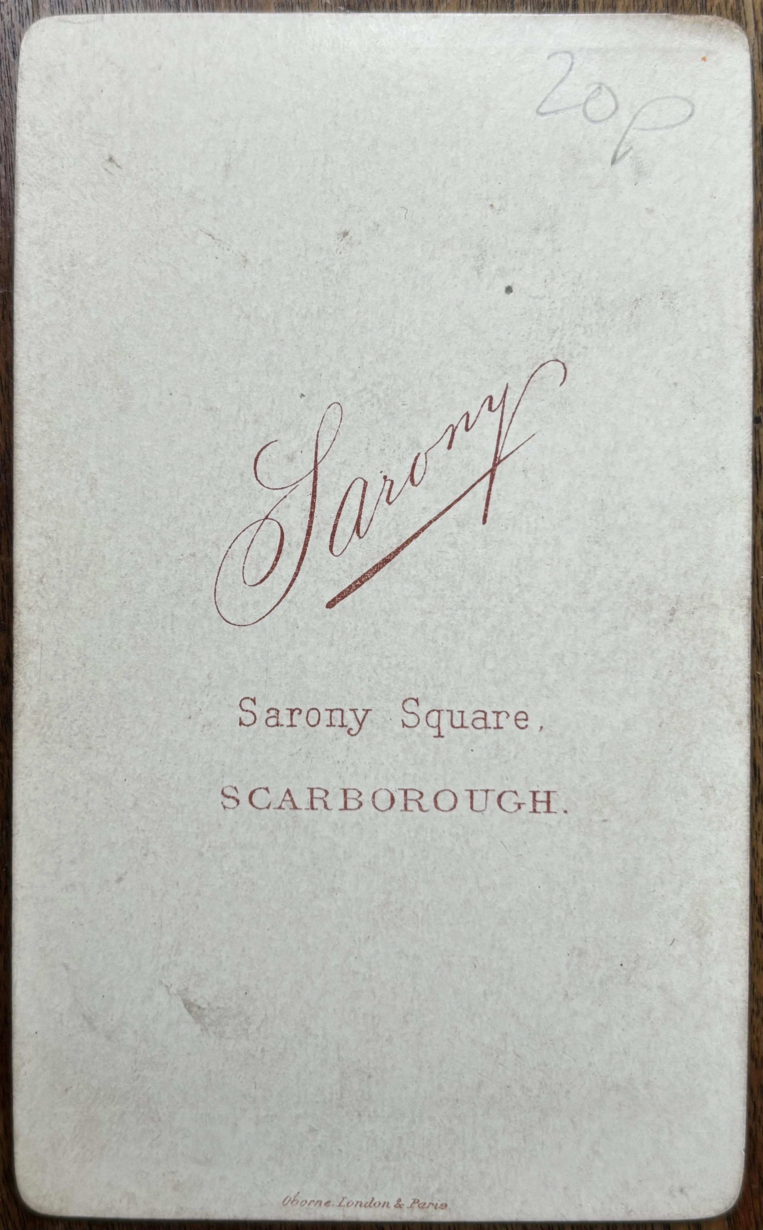 Back of carte de visite by Oliver Sarony, Scarborough Photographer