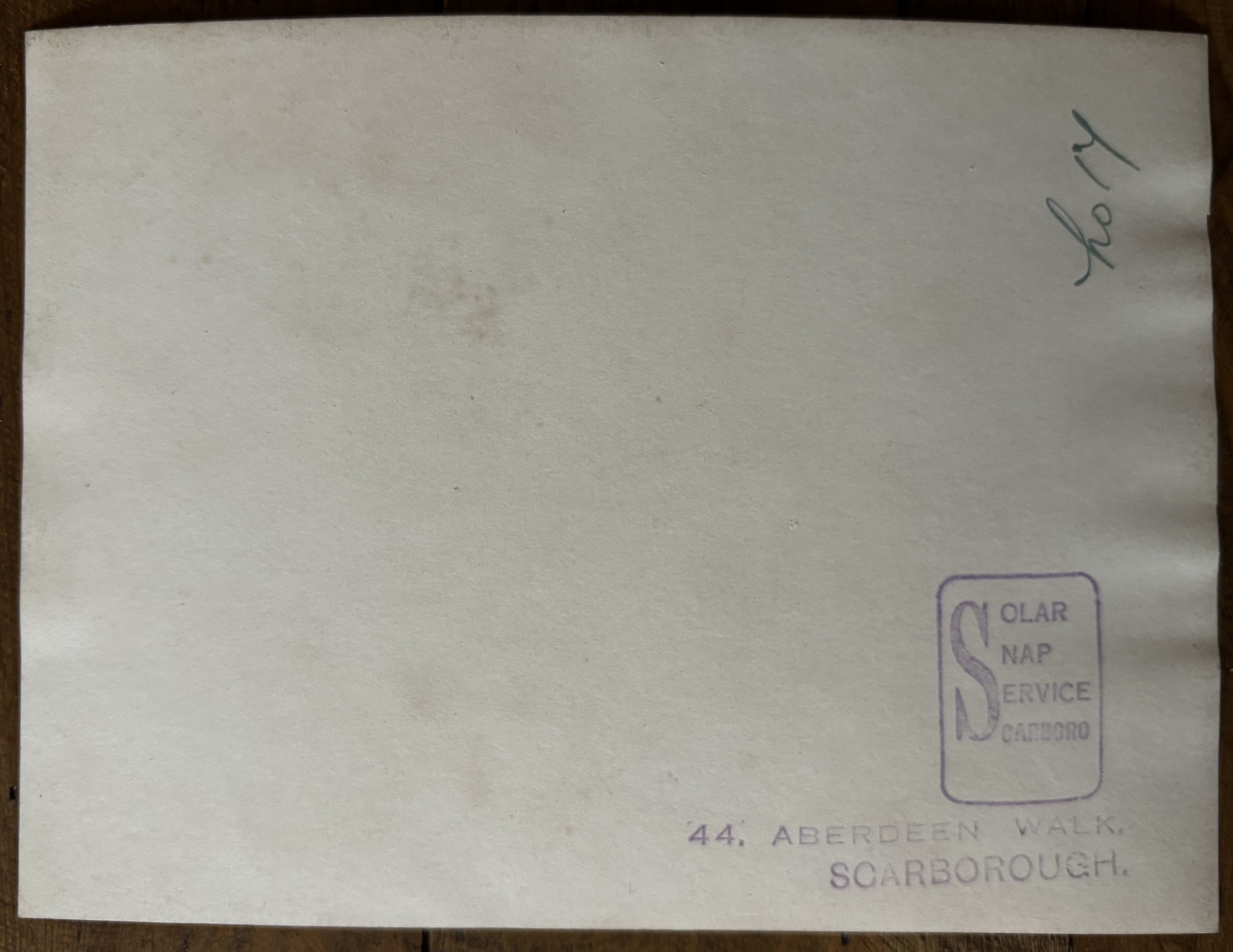 Back of photographic print by Solar Snaps Service Scarboro, Scarborough