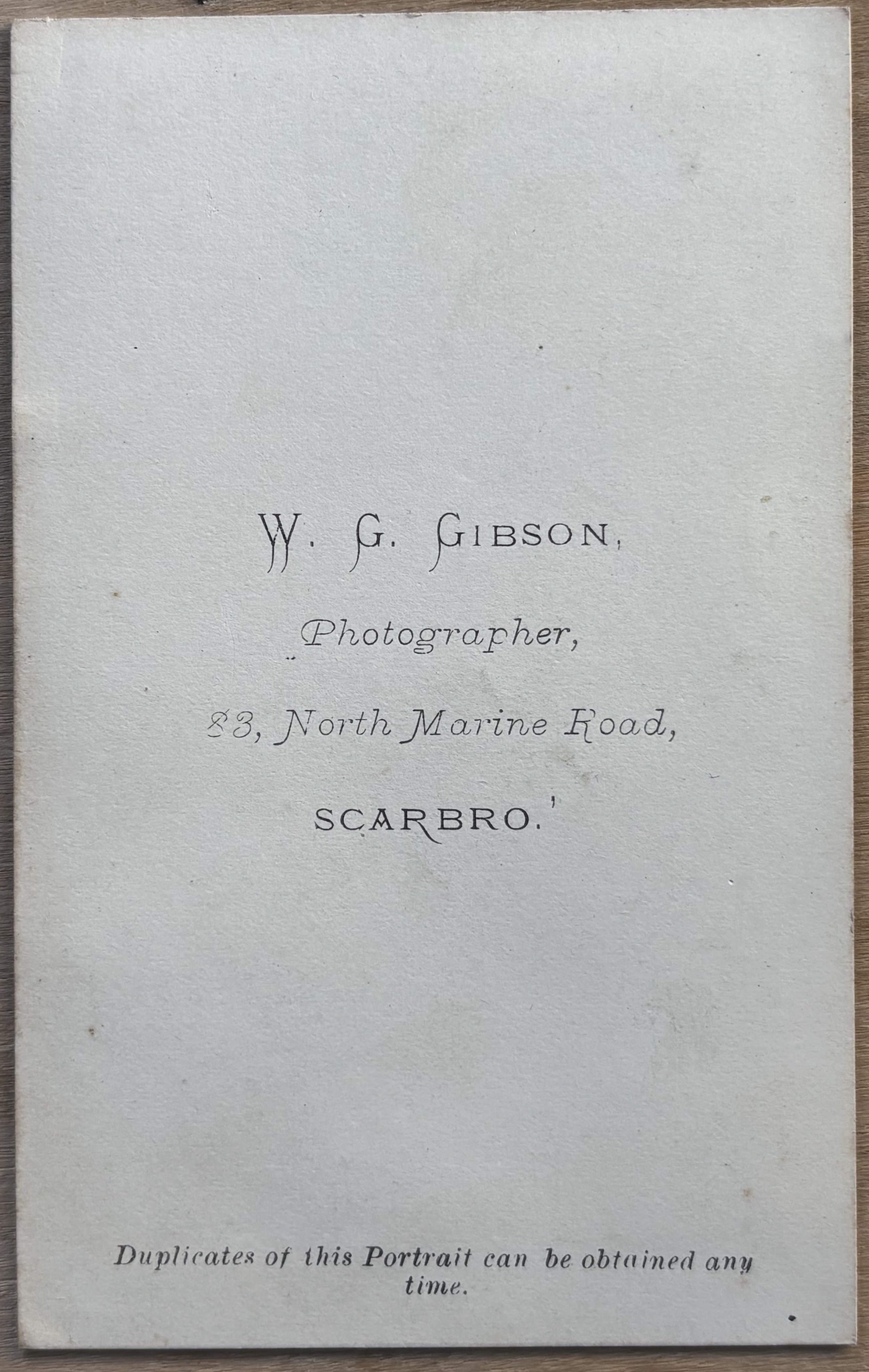 Back of carte de visite portrait by Scarborough photographer William George Gibson