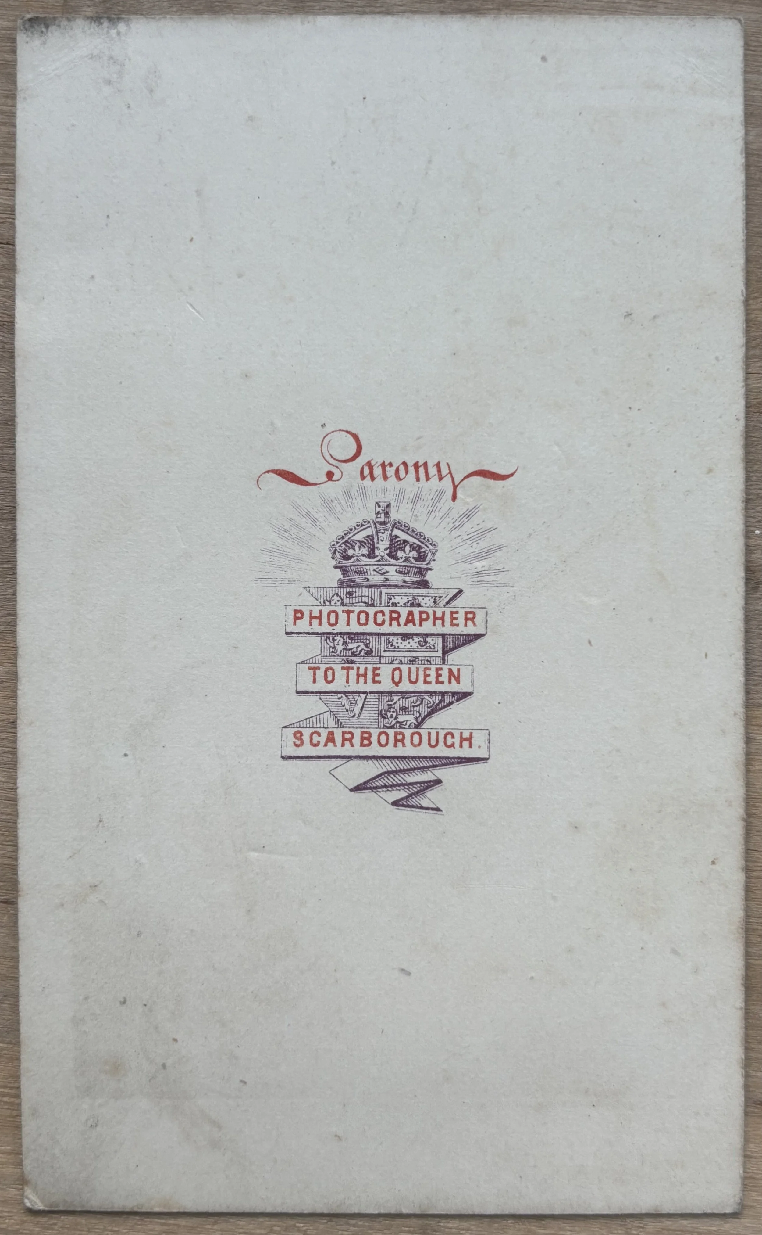 Back of carte de visite (CDV) by Scarborough Photographer Oliver Sarony