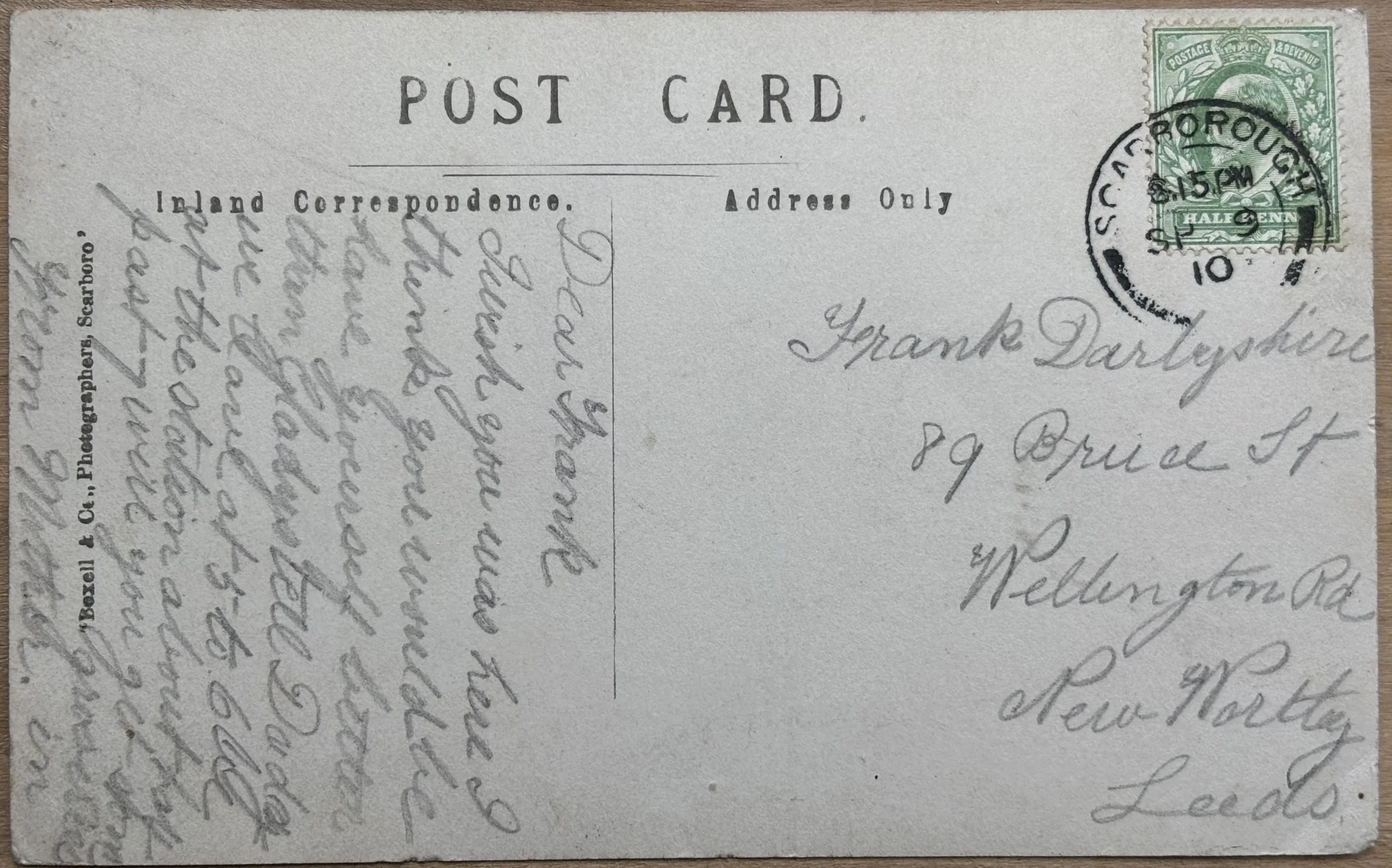 Back of postcard photograph by Boxell & Co, posted in 1910 to Leeds