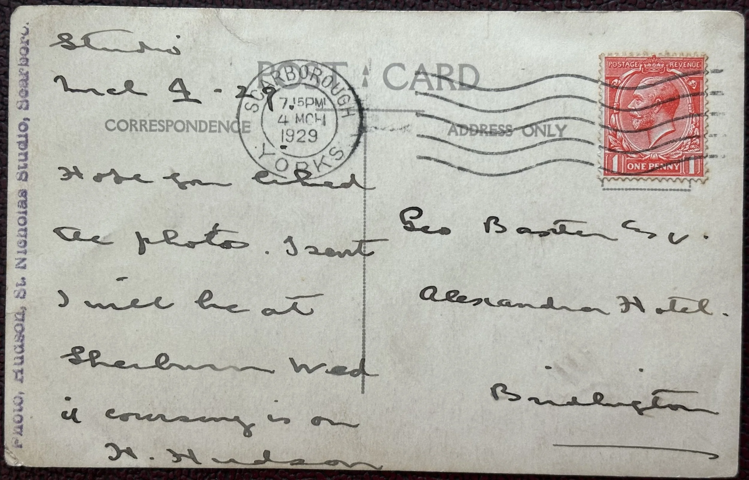 back of postcard posted to Alexandra Hotel, Bridlington by the photographer H. Hudson of Scarborough