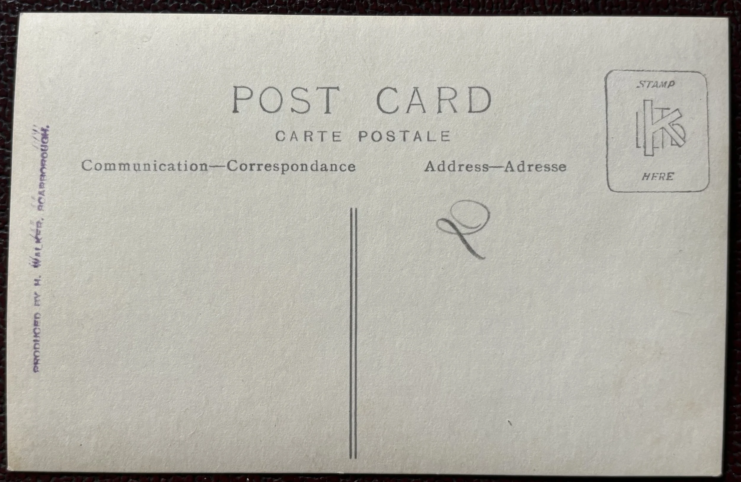 Back of postcard photographic portrait by H. Walker of Scarborough