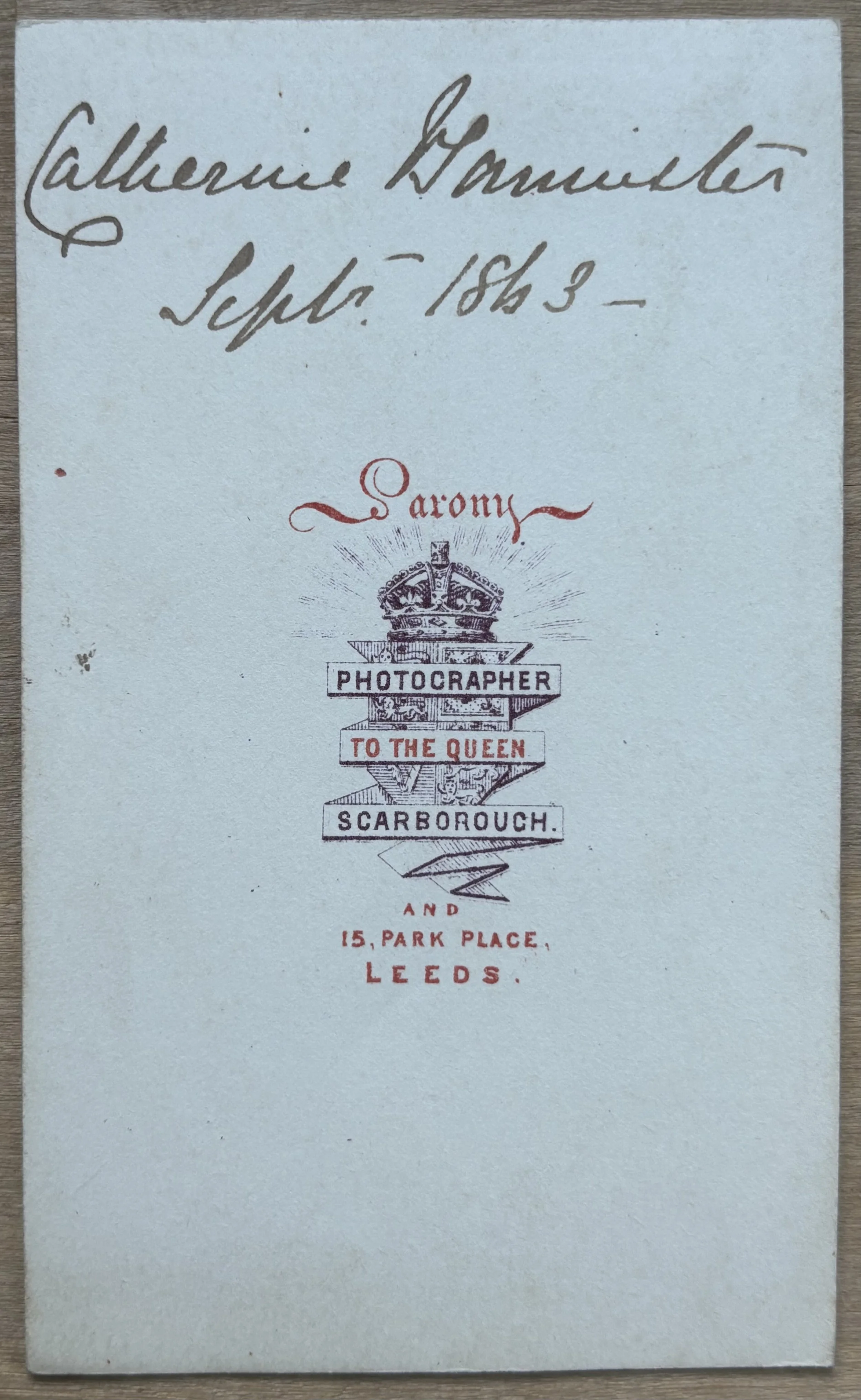 back of carte de visite by Oliver Sarony, Scarborough Photographer with name of sitter, Catherine Bannister, 1863