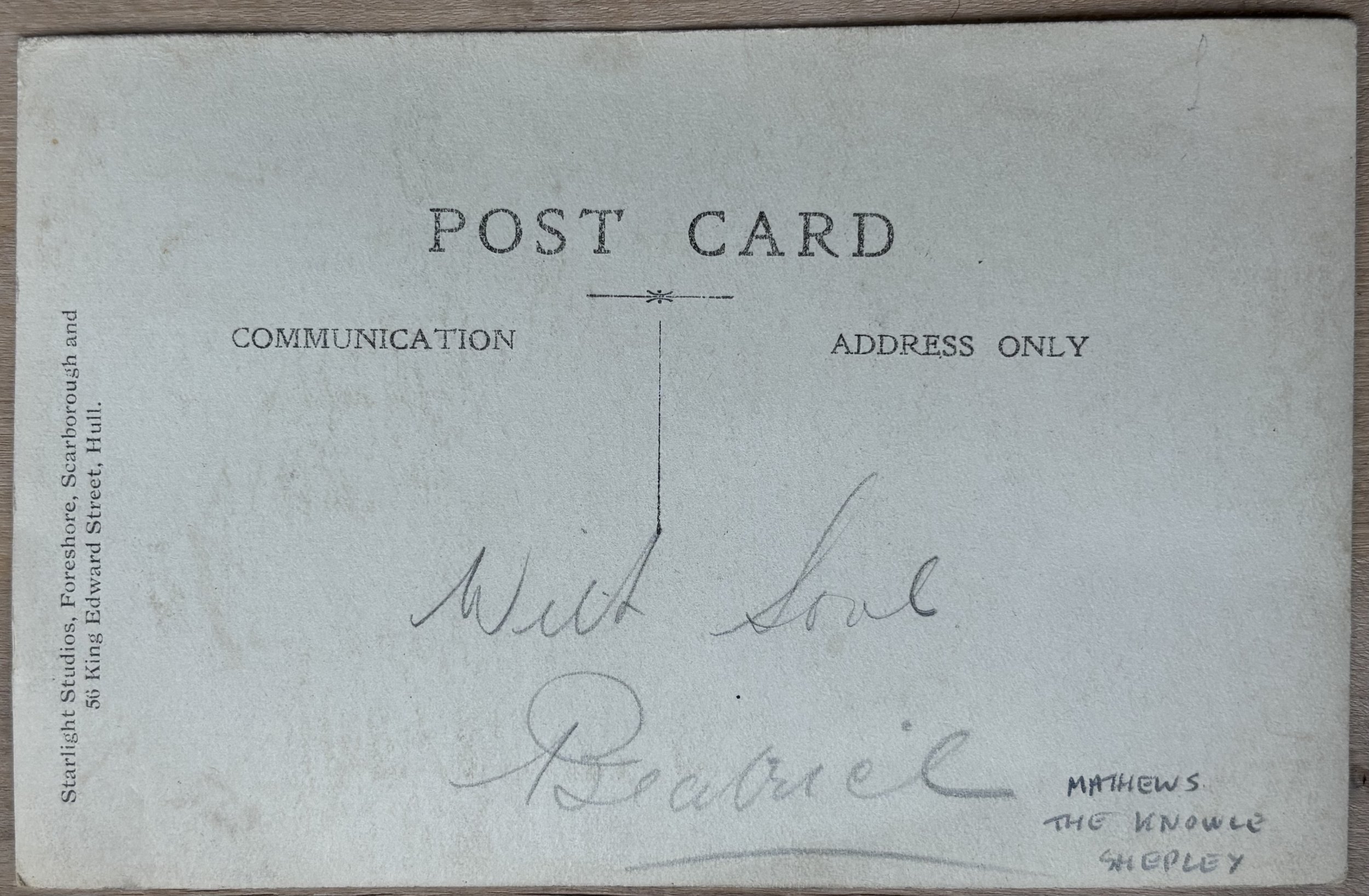 Pack of portrait postcard by Starlight Studios of Scarborough and Hull, Pencil inscription naming the sitter as Beatrice Mathews of Shepley