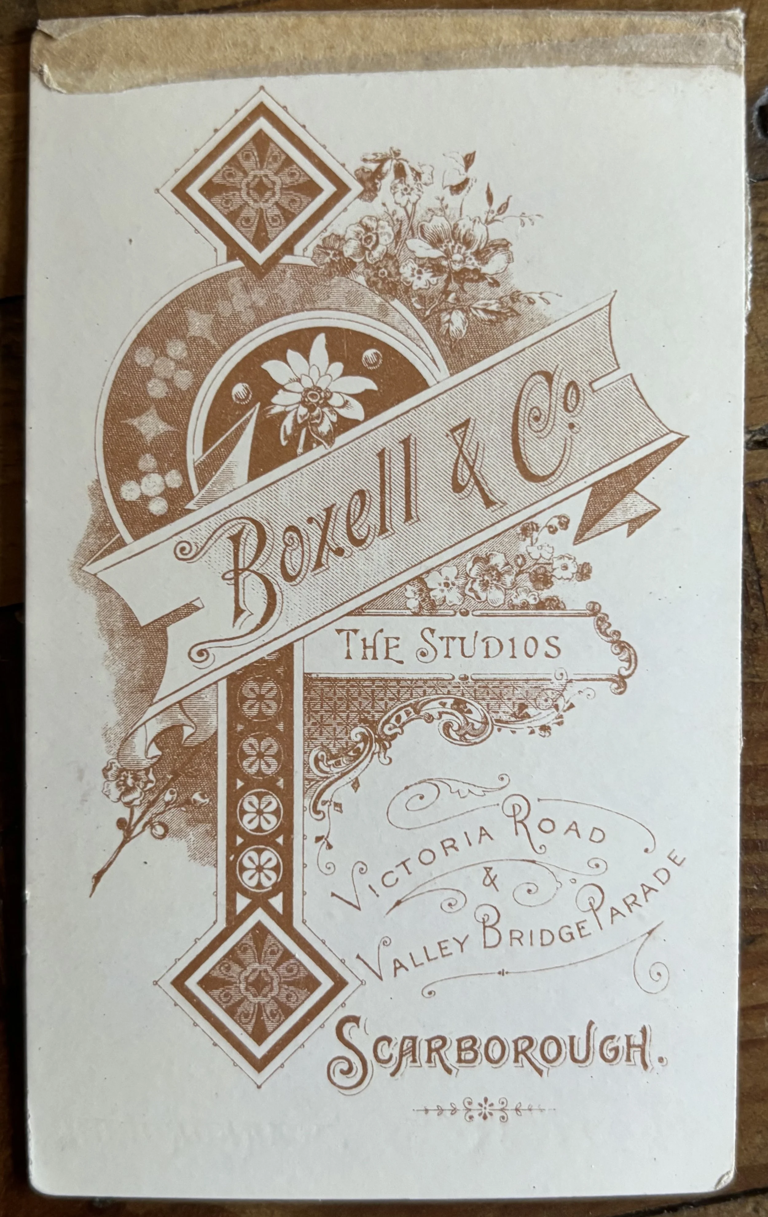 Back of a carte de visite portrait by Scarborough photographer Boxell & Co