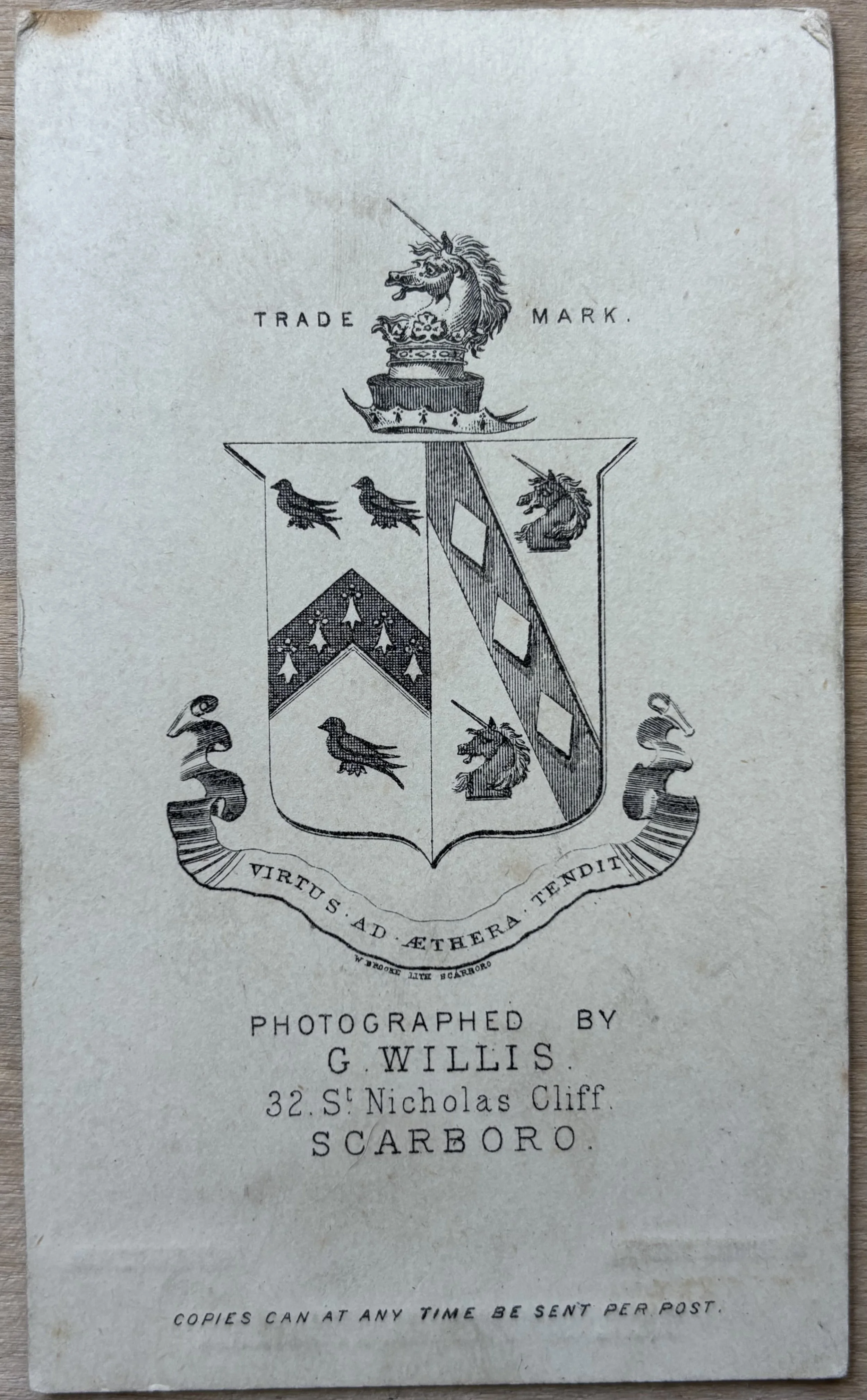 Back of carte de visite by George Willis Scarborough Photographer