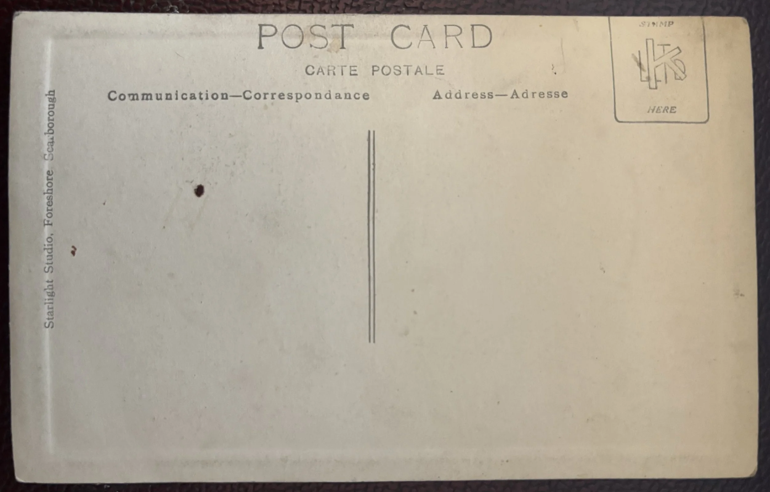 back of unused postcard portrait by Starlight Studio in Scarborough
