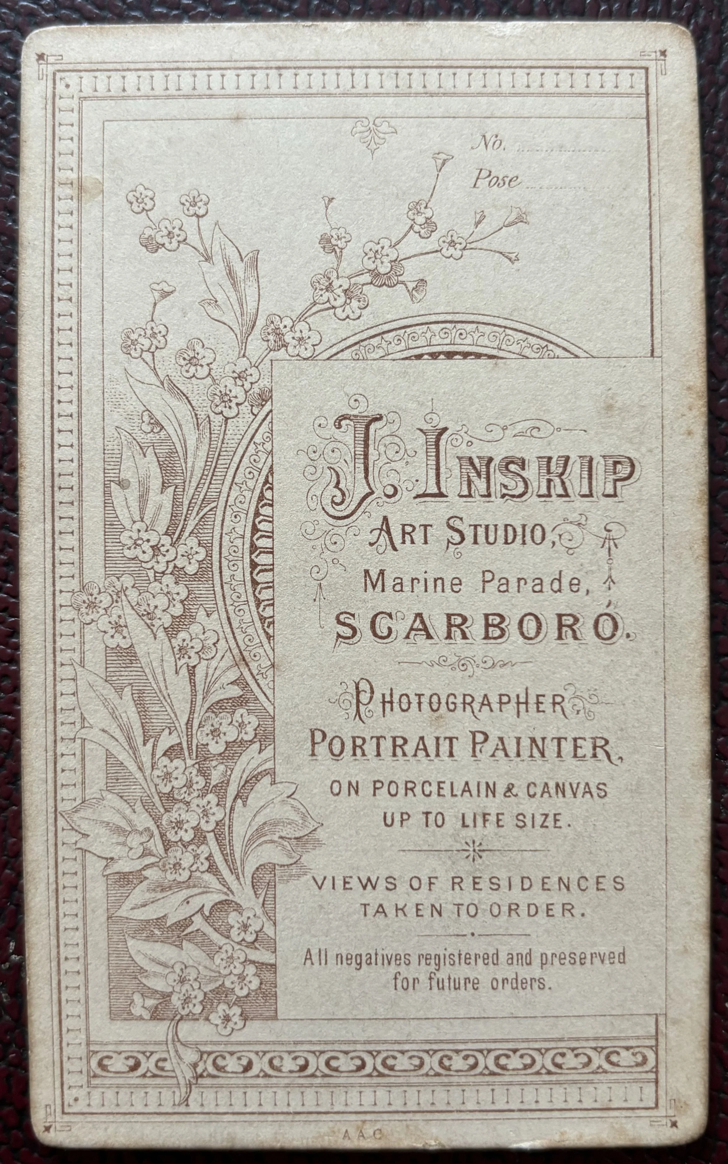 Back of a carte de visite portrait by John Inskip of Scarborough