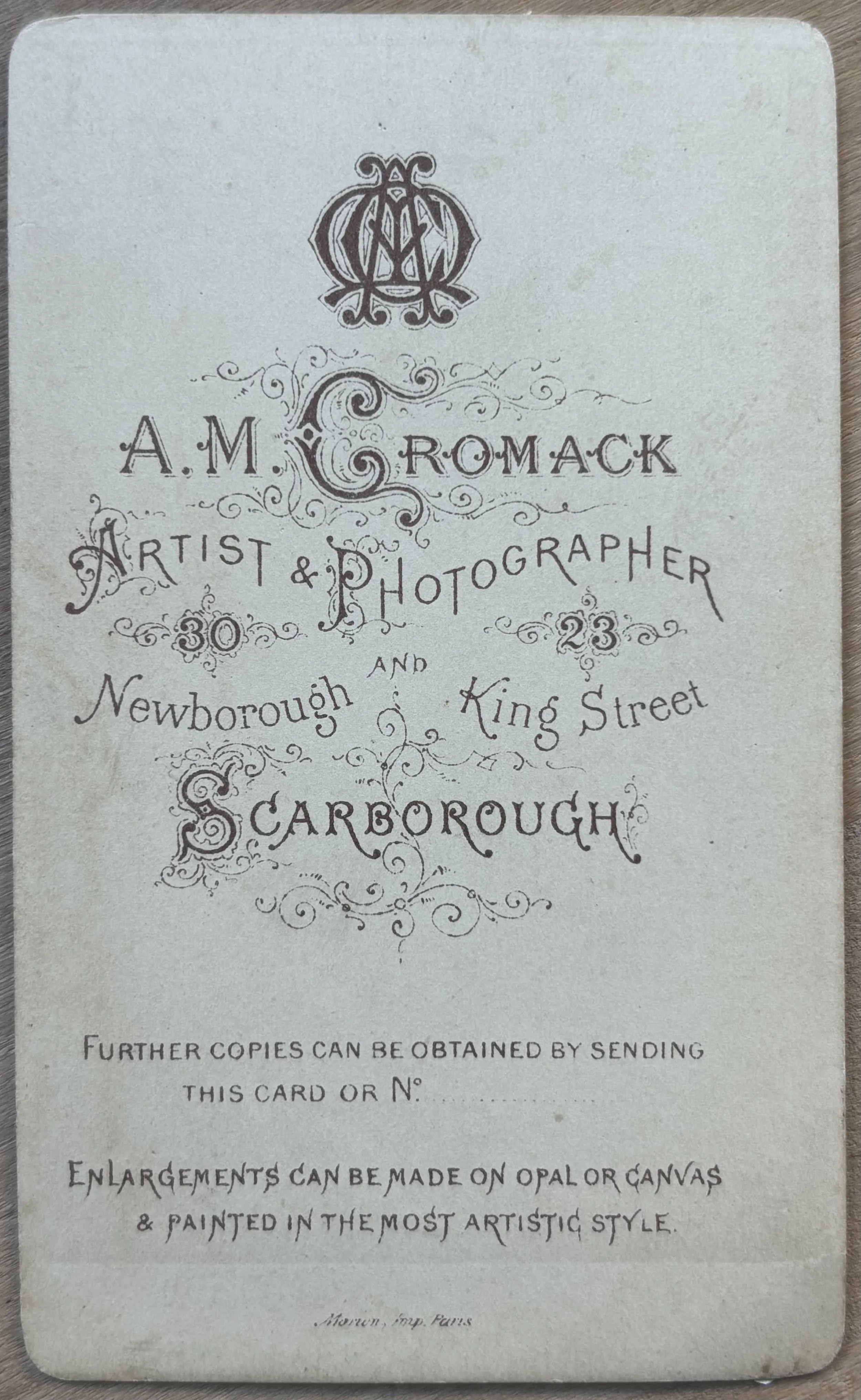 Back of carte de visite portrait by A M Cromack, Scarborough photographer