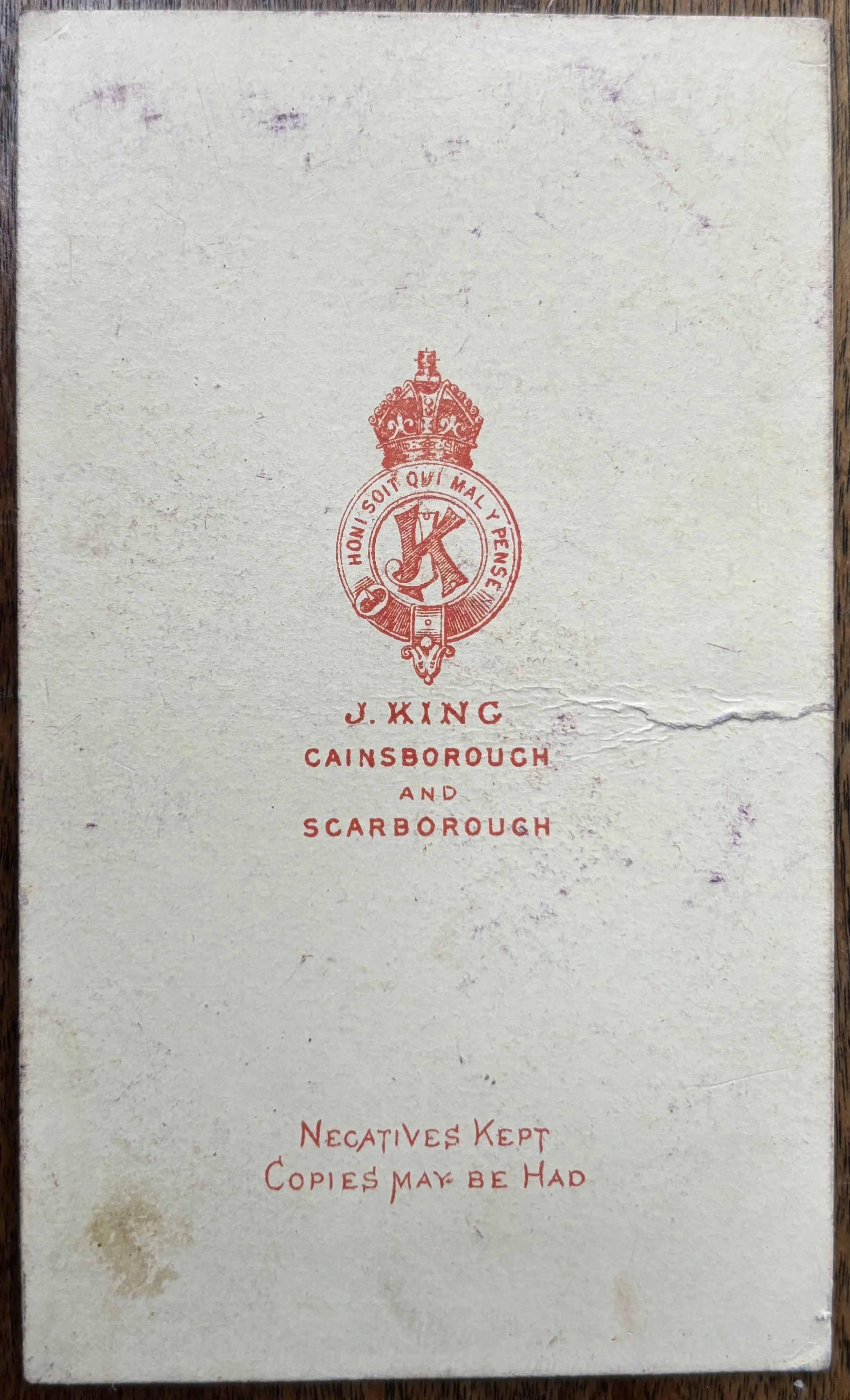 back of carte de visite portrait by James King photographer of Scarborough and Gainsborough