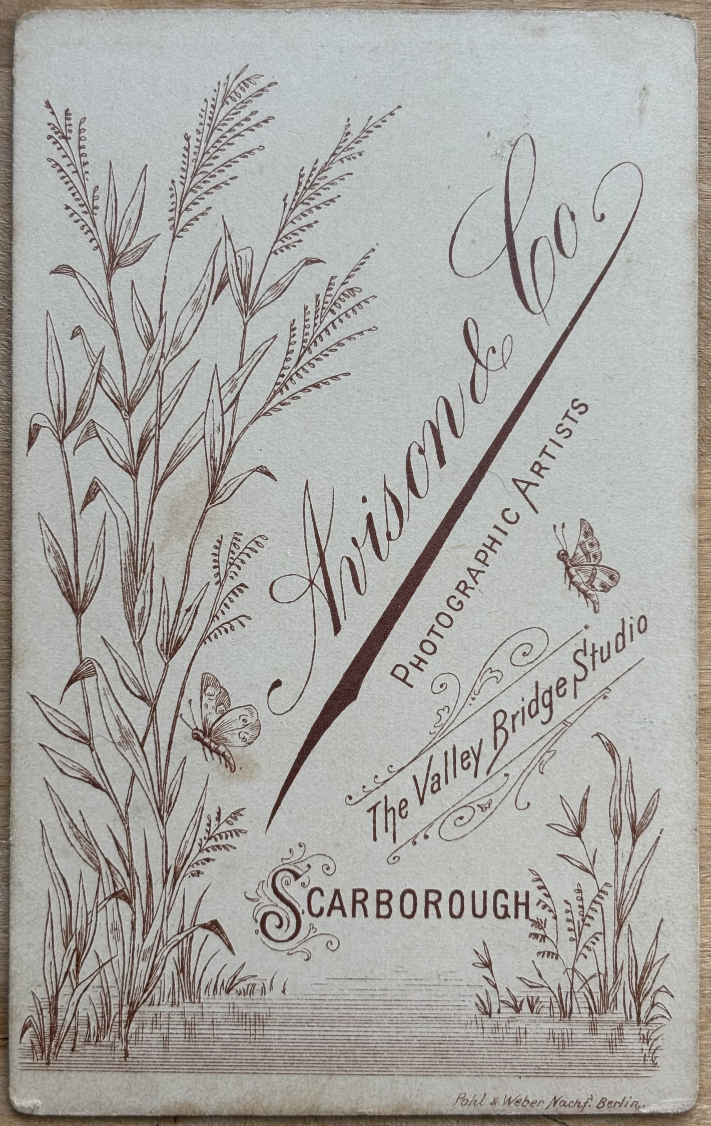 Back of a carte de visite by Scarborough Photographer Avison and co, printed or supplied by Pohl & Weber, Nachf. Berlin