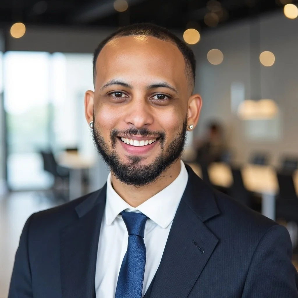 A smiling man with a beard and braided hair, wearing a dark gray suit, white shirt, and a blue plaid tie, standing against a gradient background.