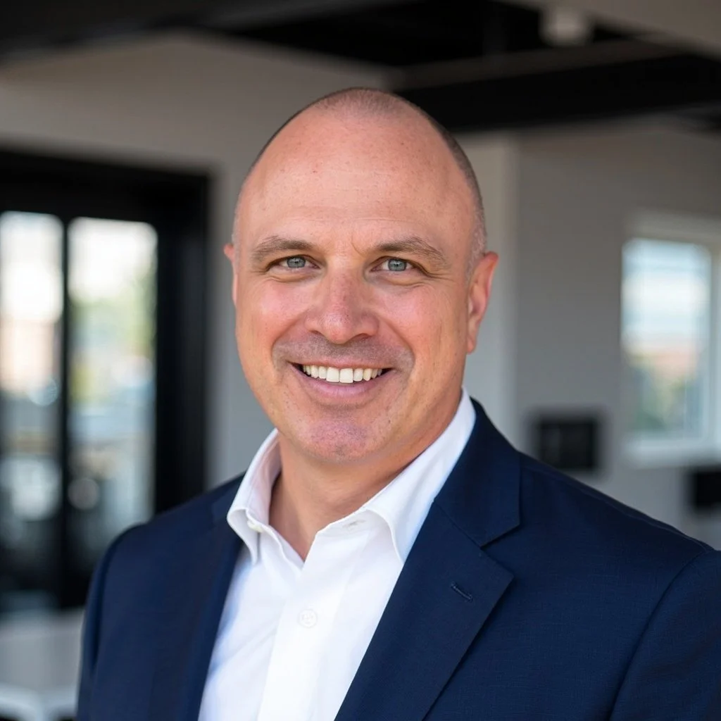Headshot of a man in a navy suit, white shirt, and red patterned tie, smiling against a gray gradient background.