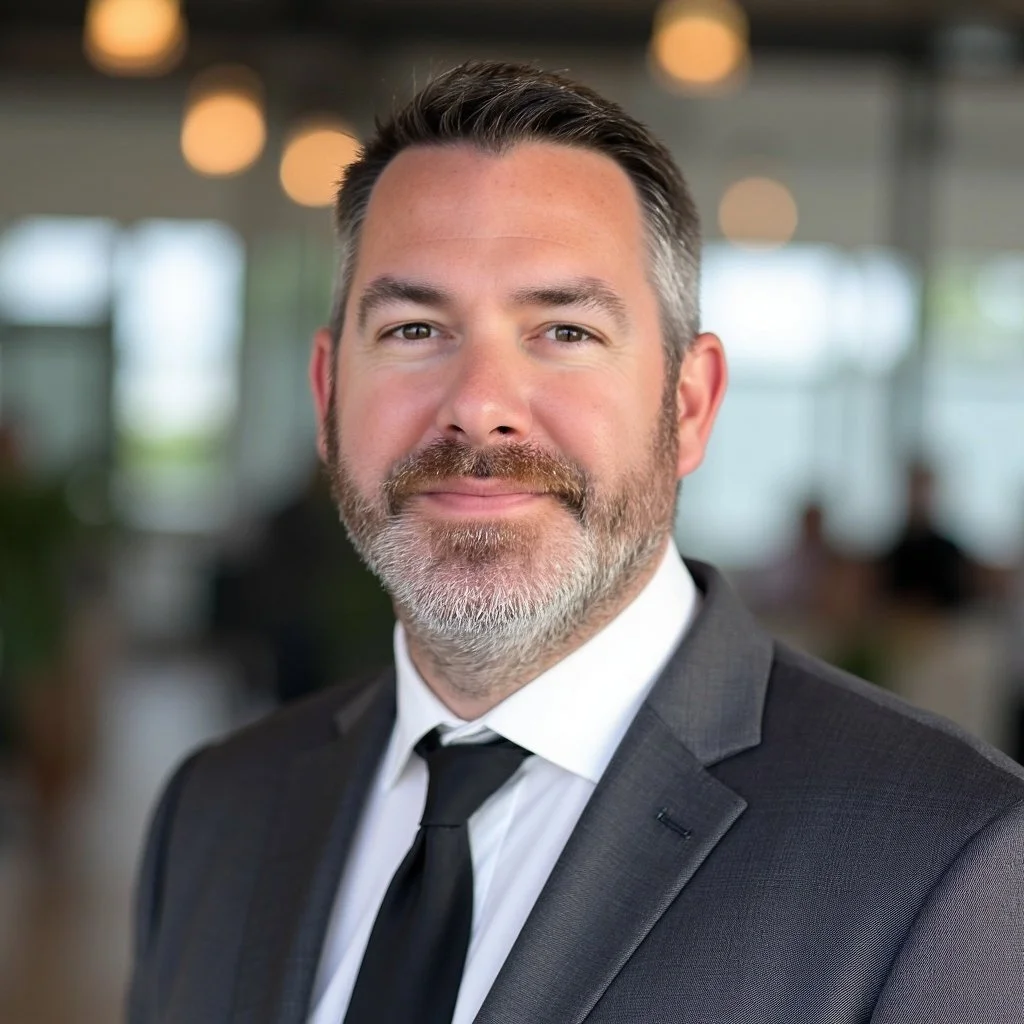 Professional headshot of a man wearing a dark suit, white shirt with small black dots, and a light-colored tie with a subtle pattern, against a gradient light gray background.