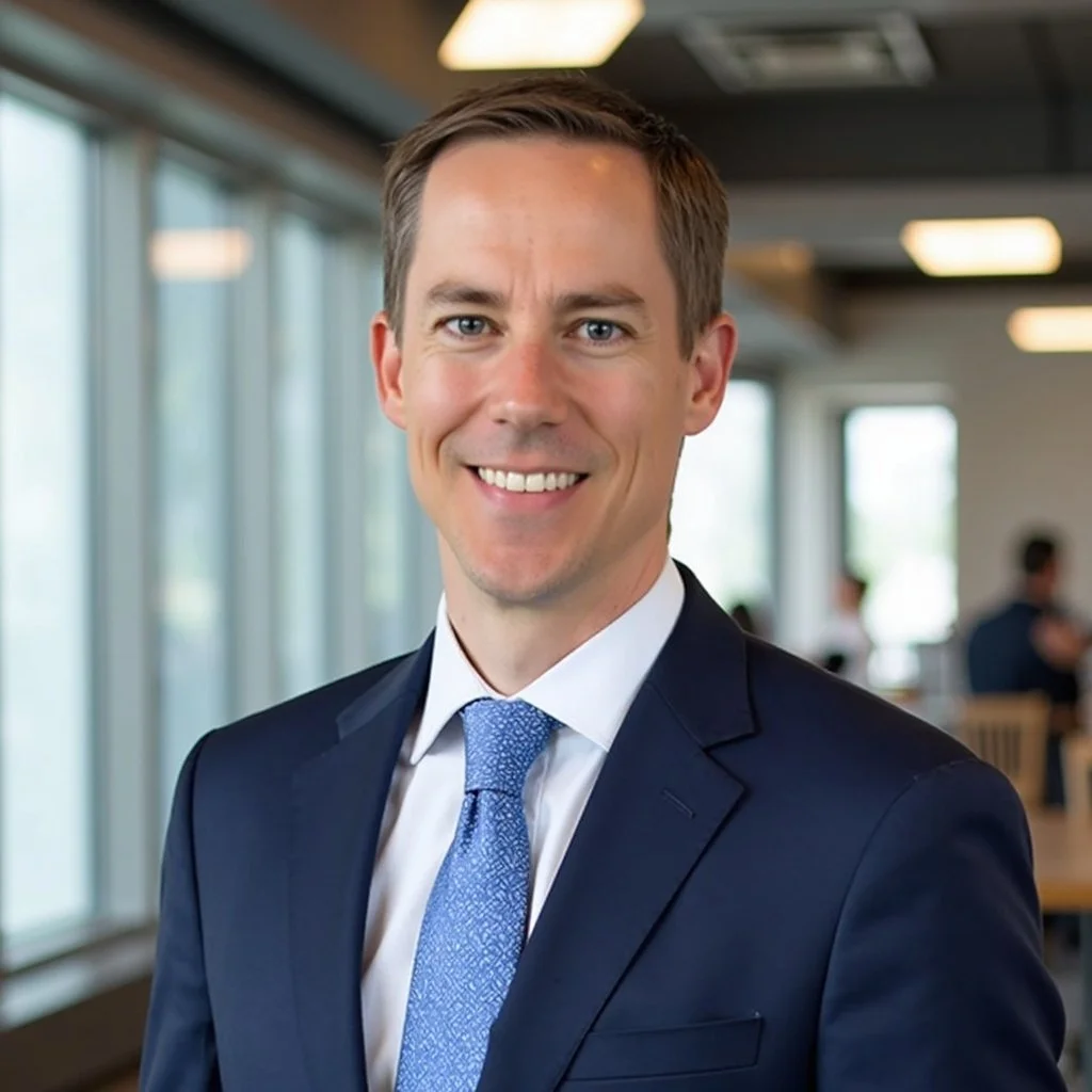 Professional headshot of a young man with short brown hair, wearing a navy blue suit, checkered dress shirt, and patterned tie, smiling against a gradient background.