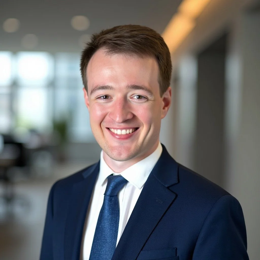Smiling young man in a navy suit, white shirt, and navy tie, against a gray background.