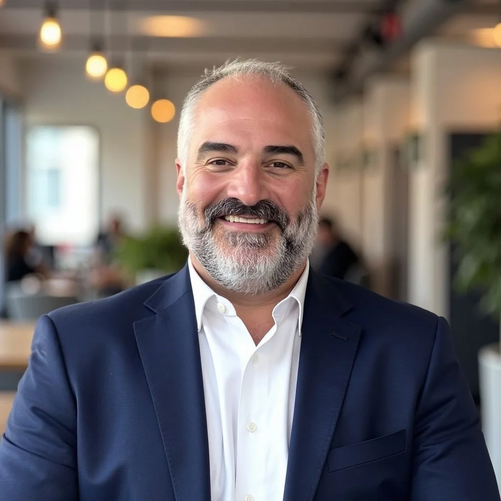 Headshot photograph of a smiling man with a graying beard and short hair, wearing a navy blue suit, checkered shirt, and polka dot tie, against a gradient gray background.