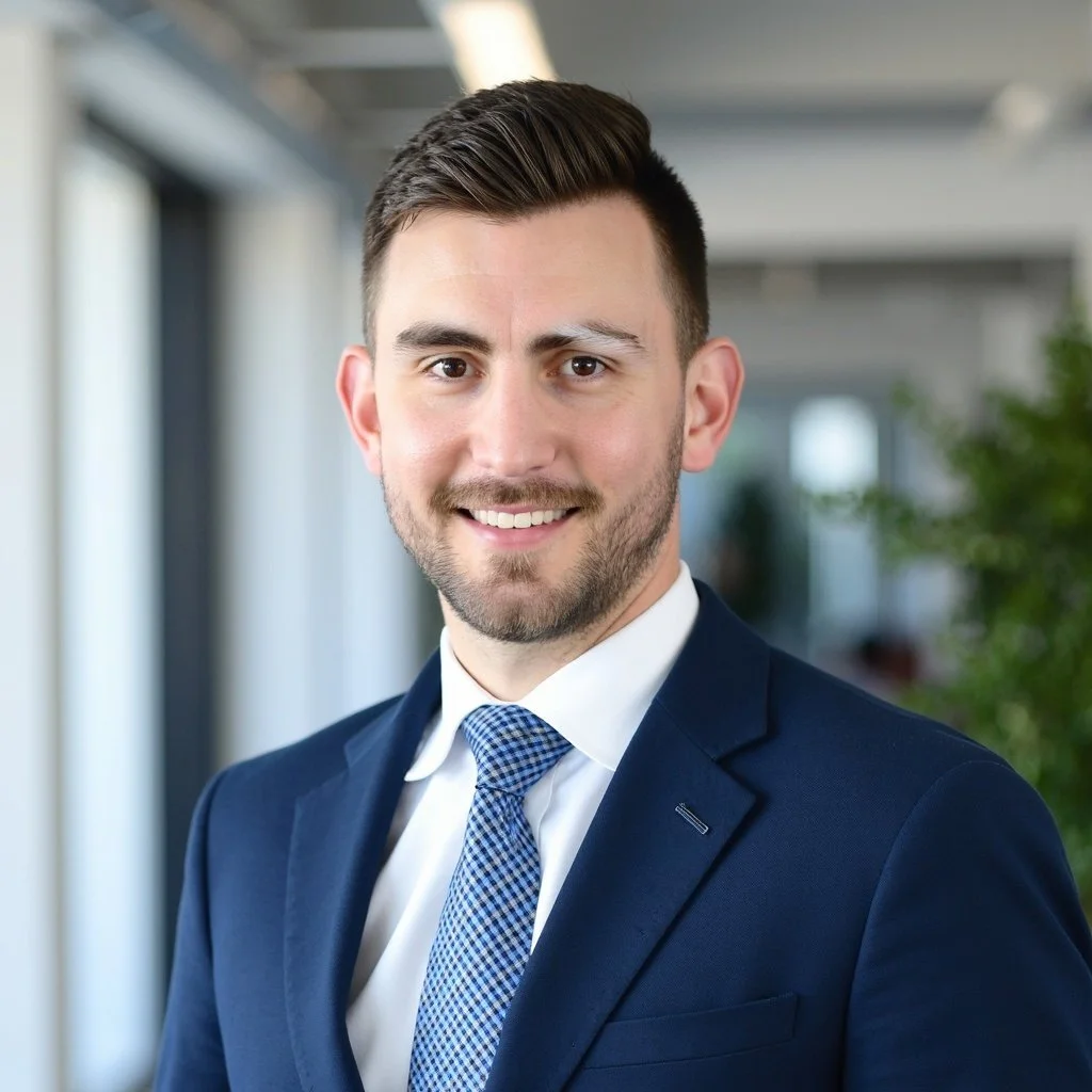 Headshot of a man with dark hair, a mustache, wearing a navy suit and striped tie, smiling slightly, against a plain background.