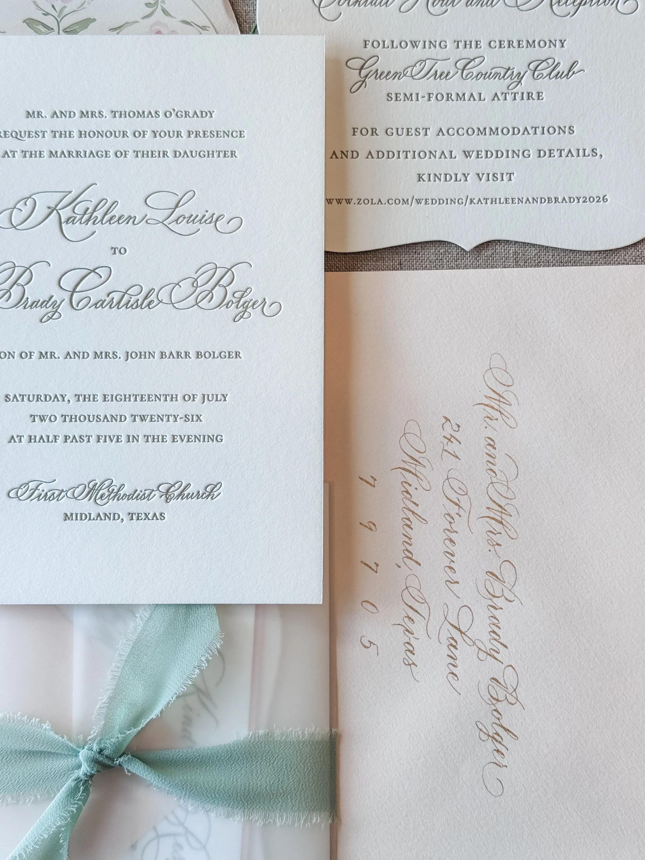 custom wedding invitation suite with hand addressed calligraphy for guest envelopes