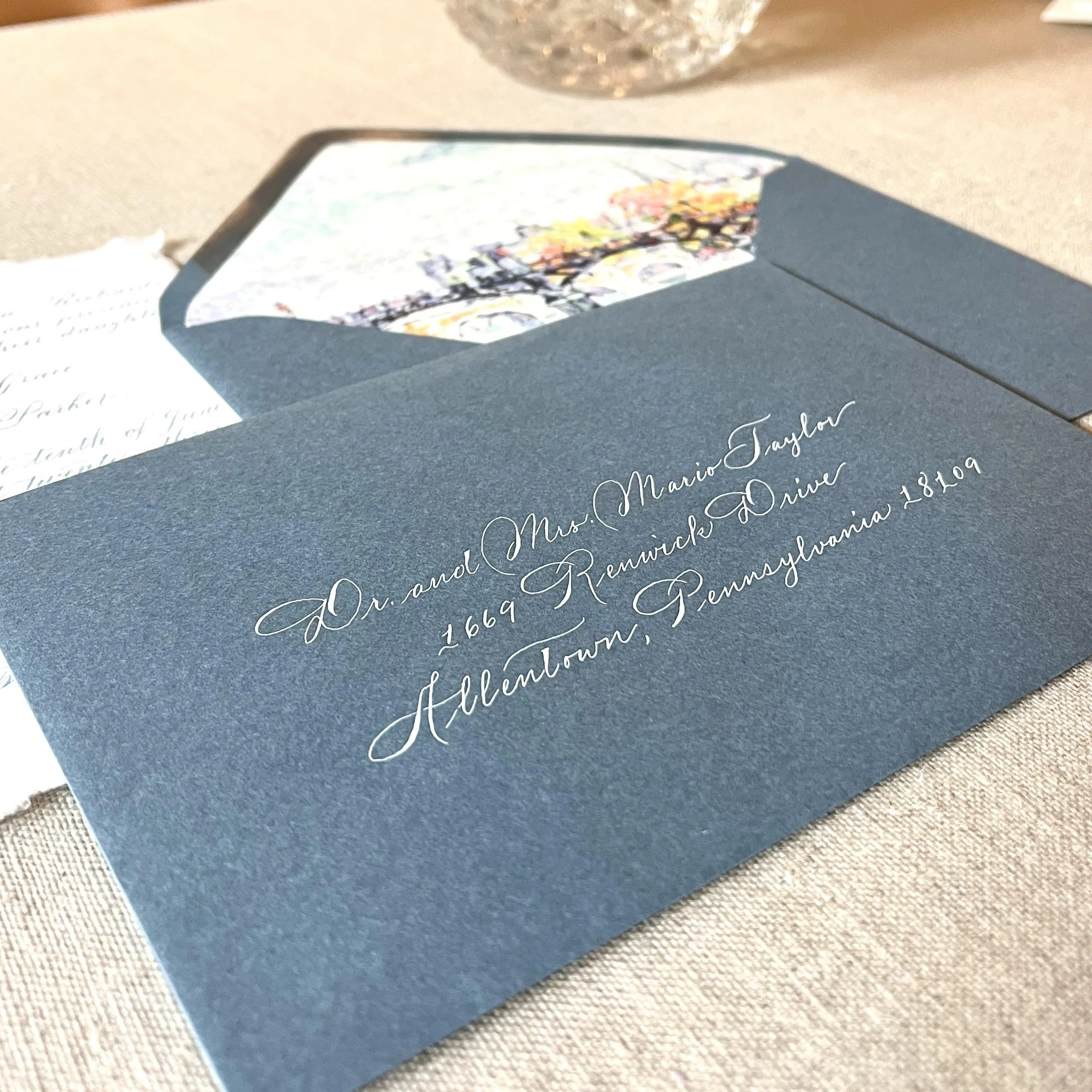 spencerian-wedding-calligraphy - blue -envelope