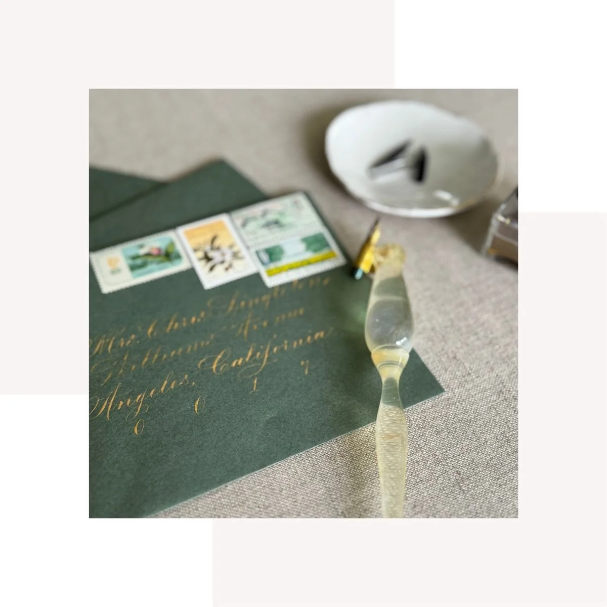 wedding-calligraphy-vintage-stamps-green-envelope-gold-ink