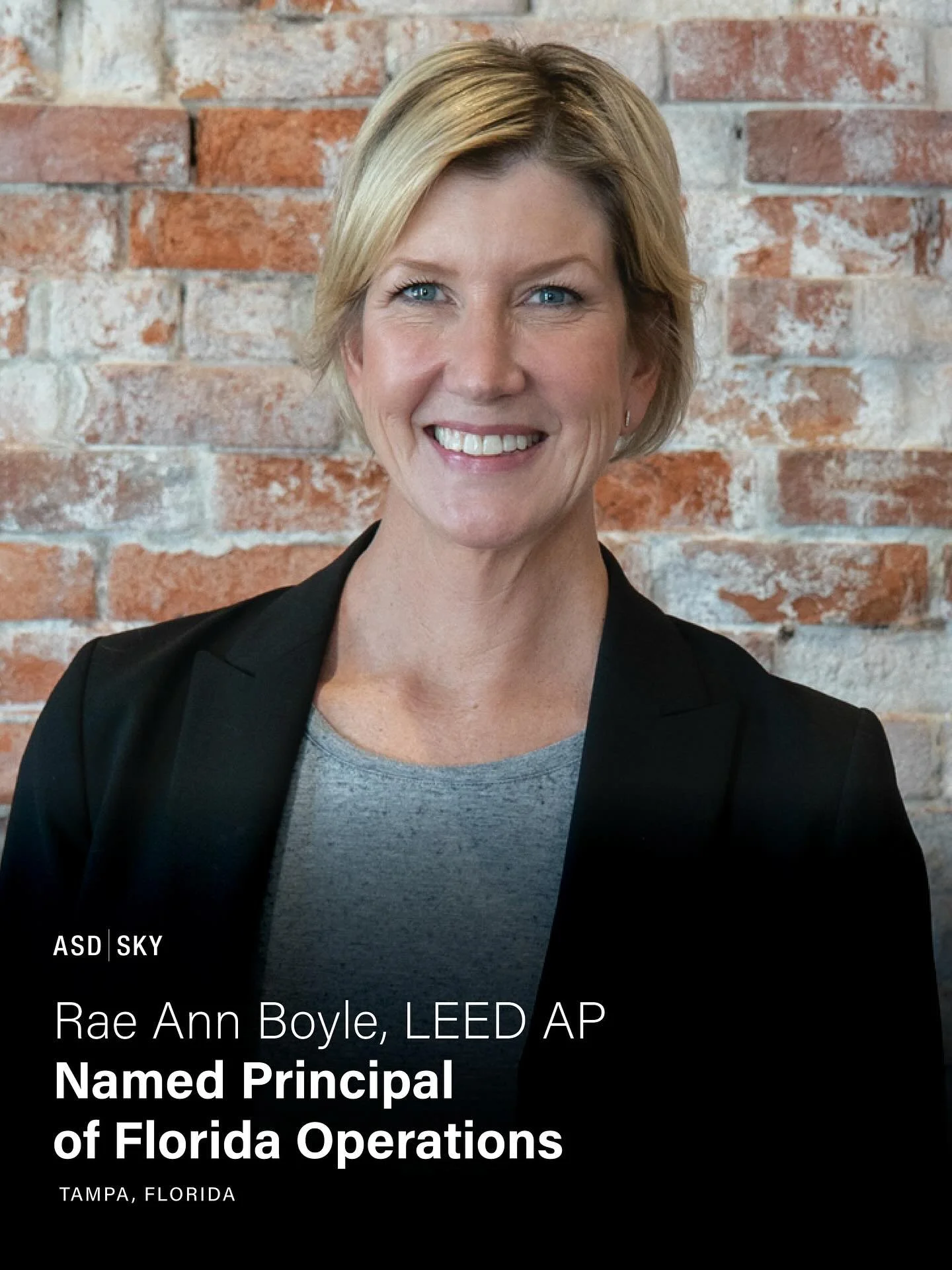 ASD|SKY is proud to announce a leadership transition in our Tampa studio. Rae Ann Boyle has been tapped to lead Florida operations, succeeding James Hypes, who guided the office since 1992.
&nbsp;
Rae Ann has been an essential part of the Tampa offic