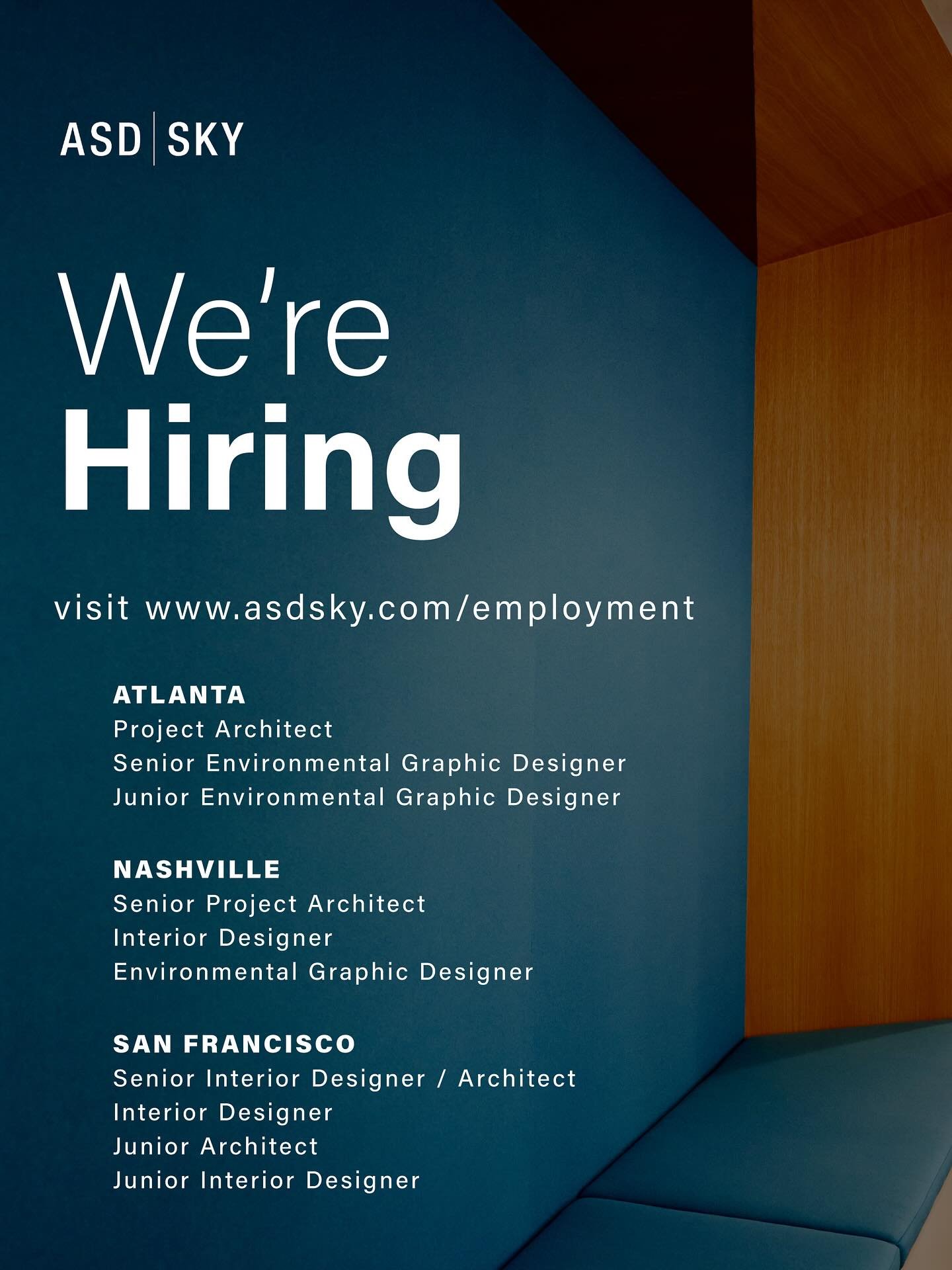 We&rsquo;re Hiring! Join our talented team of architects and designers at our Atlanta, Nashville and San Francisco offices. 

We&rsquo;re looking for creative, driven professionals ready to make an impact.

Explore open roles and apply now at www.asd