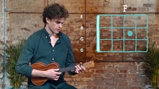 Man with a ukulele shows how to play a chord.