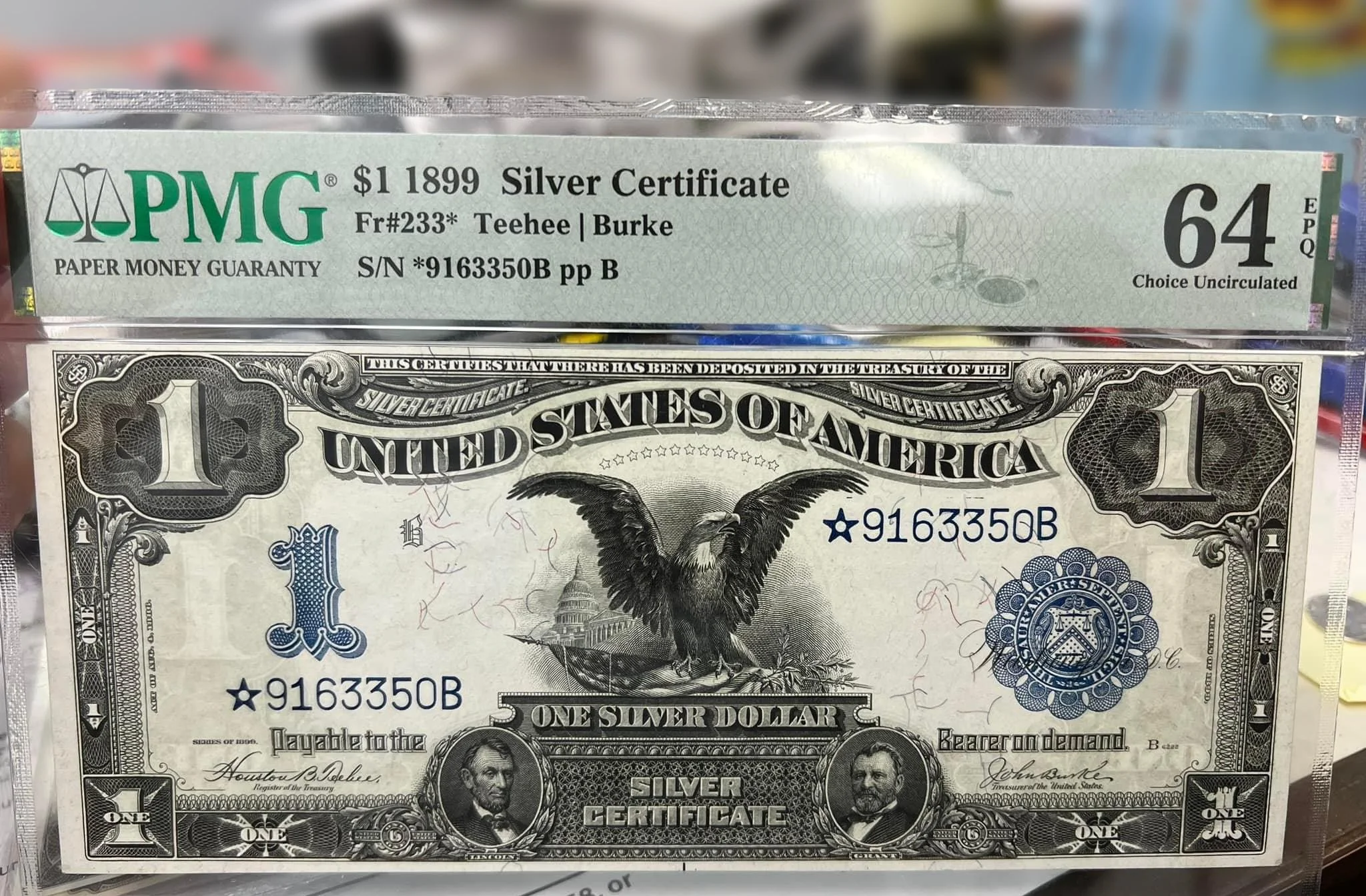 1899 $1 Silver Certificate PMG Graded Choice Uncirculated 64  FR#233* Black Eagle Star Note