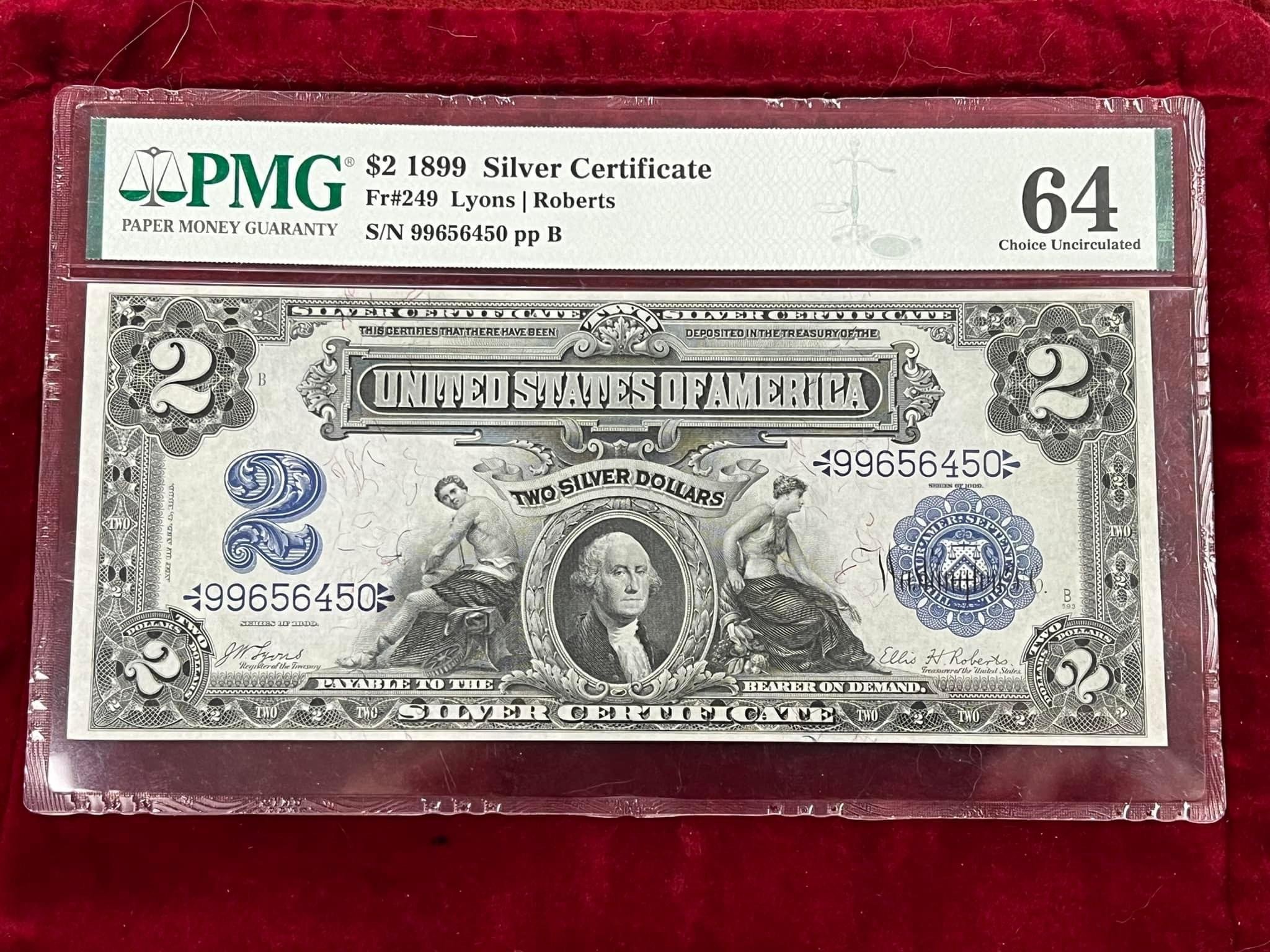 1899 $2 Silver Certificate PMG Graded Choice Uncirculated 64 Mini Porthole FR#249 