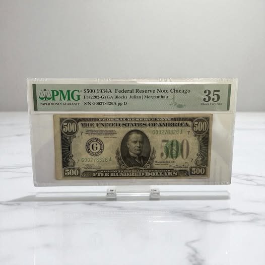 This 1934A $500 Federal Reserve Note from Chicago, graded PMG 35 Choice Very Fine, is a standout example of large-denomination U.S. currency. Notes of this caliber are increasingly hard to find, making it a compelling addition for serious collectors 