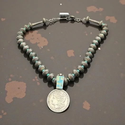 A necklace crafted from Mercury dimes and a bold Morgan dollar.