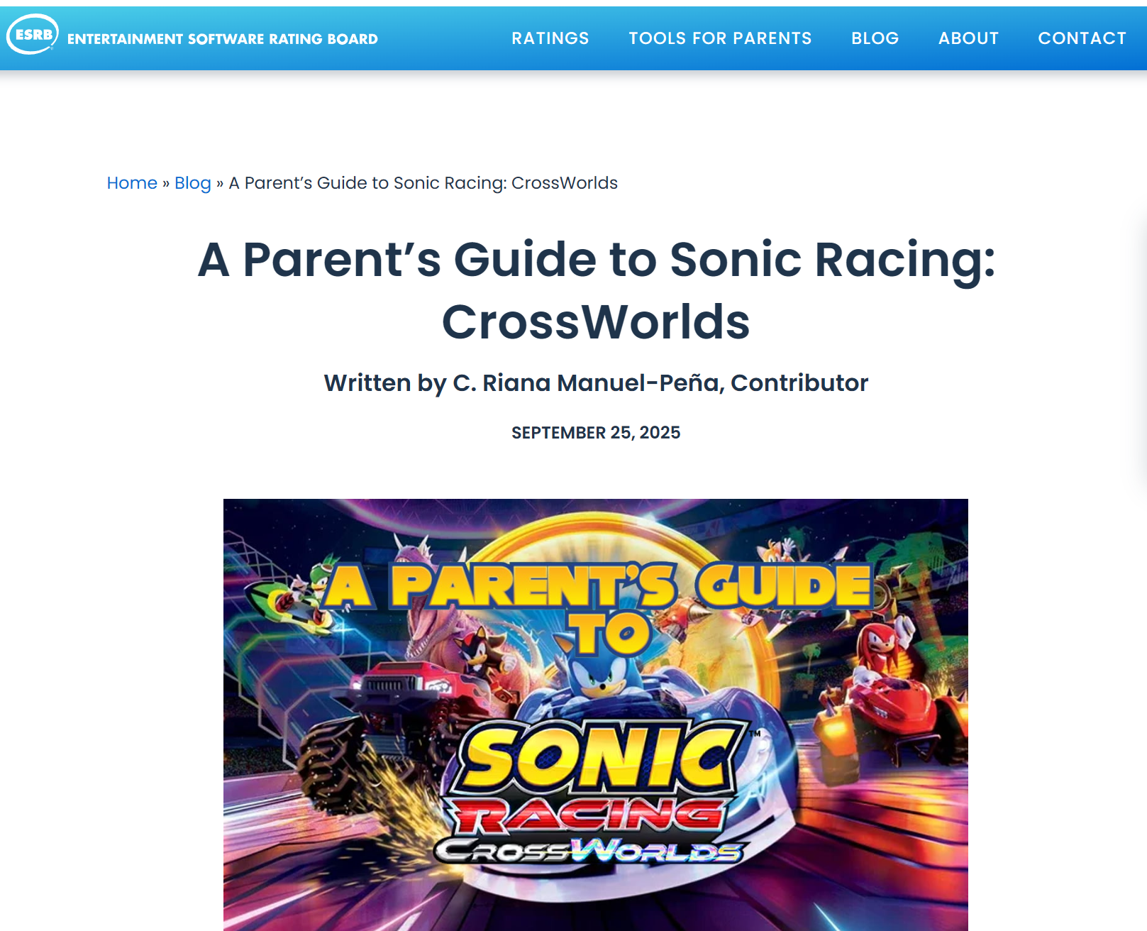 ESRB: A Parent’s Guide to Sonic Racing: CrossWorlds, Written by C. Riana Manuel-Peña