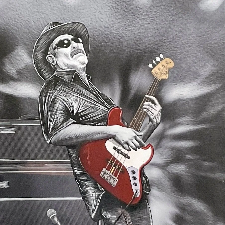 Grayscale illustration of last known photo of Texas Connection host Red Wells playing BASS for The MATT INGRAM Band at the HOUSE of BLUES in Dallas.